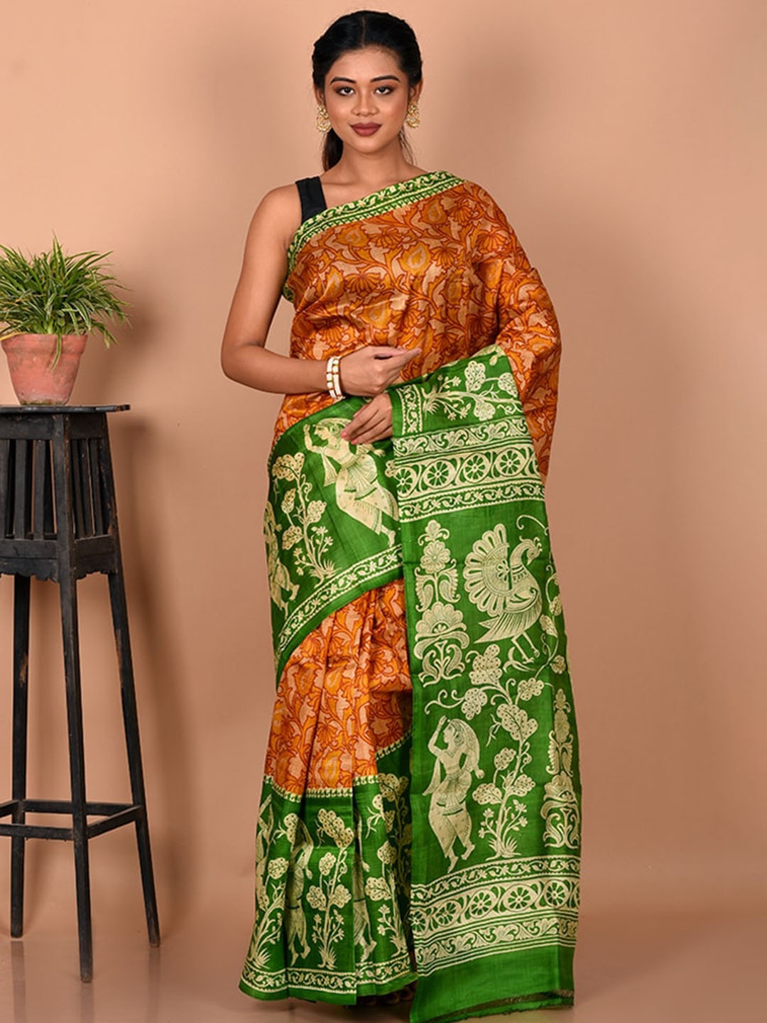 

AllSilks Orange & Green Floral Pure Silk Murshidabad silk Saree