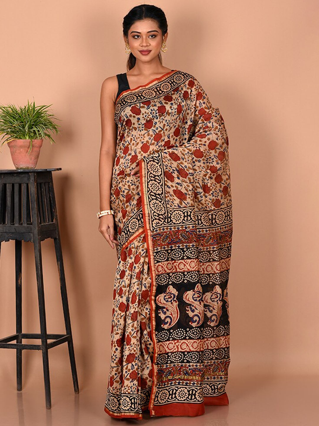 

AllSilks Floral Printed Pure Cotton Chanderi Saree, Cream