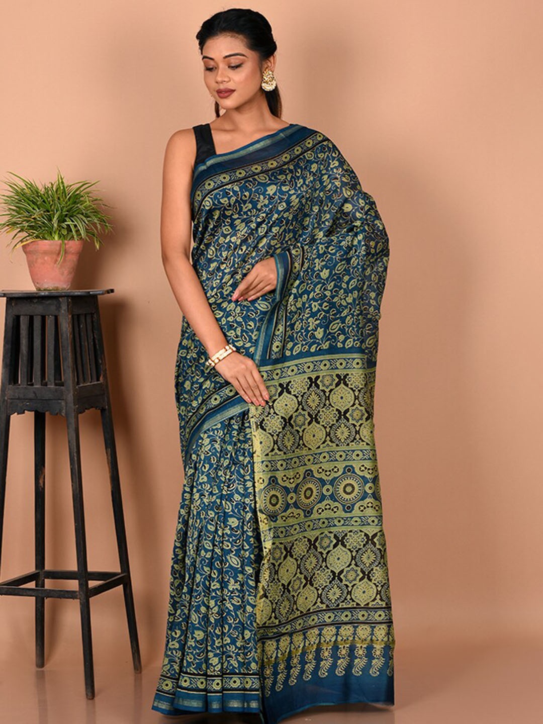 

AllSilks Floral Printed Pure Cotton Chanderi Saree, Navy blue