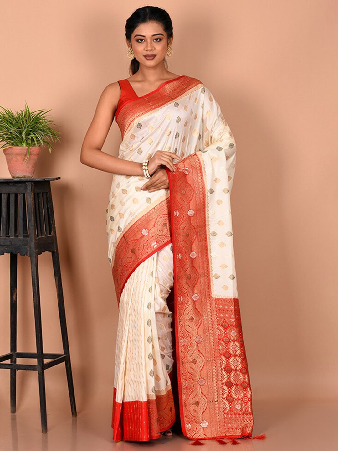 

AllSilks Woven Design Zari Bordered Saree, White