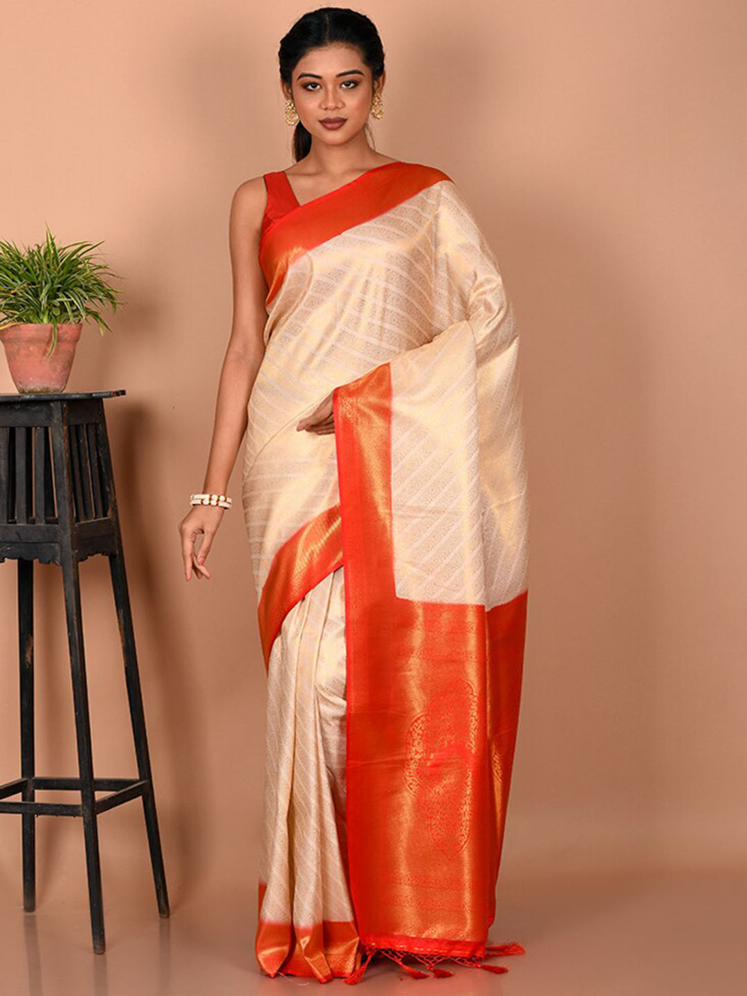 

AllSilks Woven Design Zari Bordered Saree, Cream