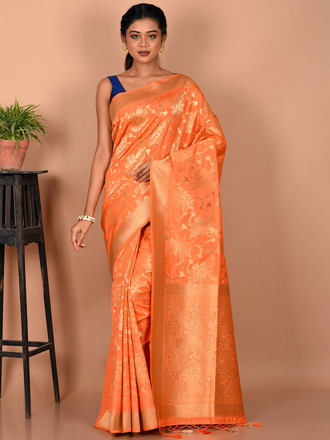 

AllSilks Woven Design Zari Bordered Saree, Orange