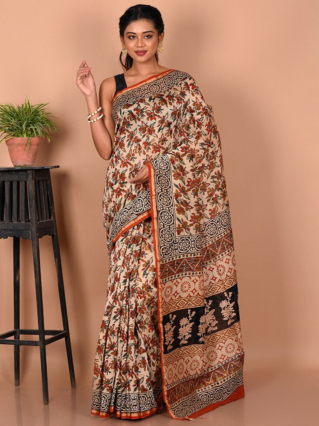 

AllSilks Floral Printed Zari Pure Cotton Chanderi Saree, Cream