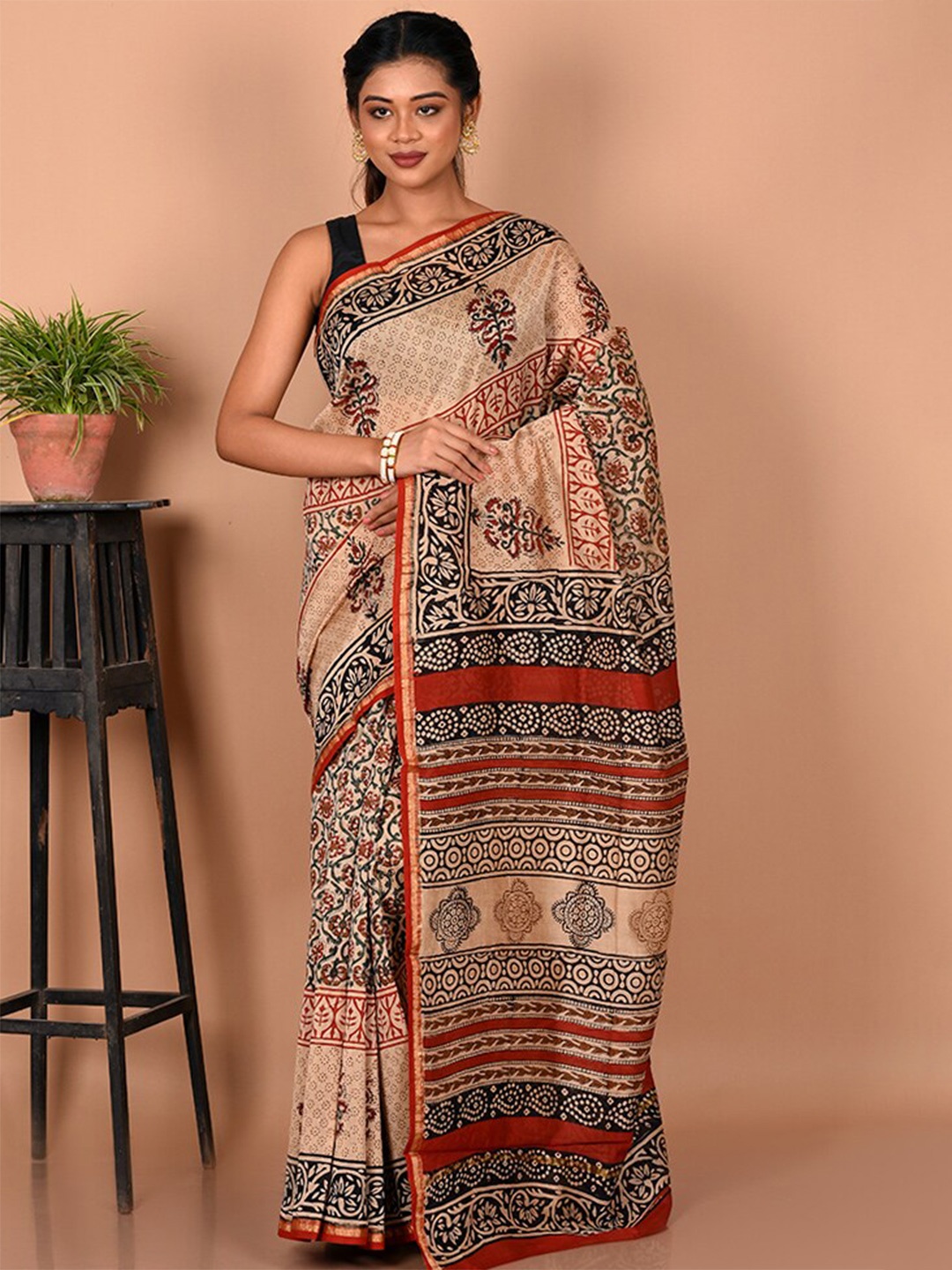 

AllSilks Floral Printed Pure Cotton Chanderi Saree, Peach
