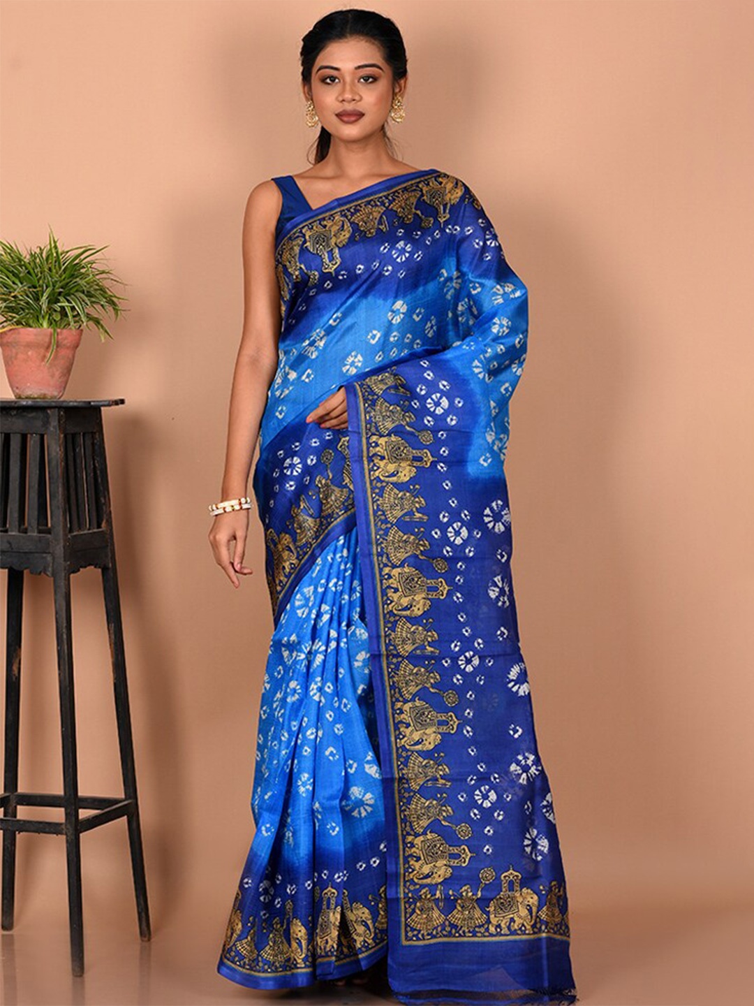 

AllSilks Bandhani Pure Silk Murshidabad silk Saree, Blue
