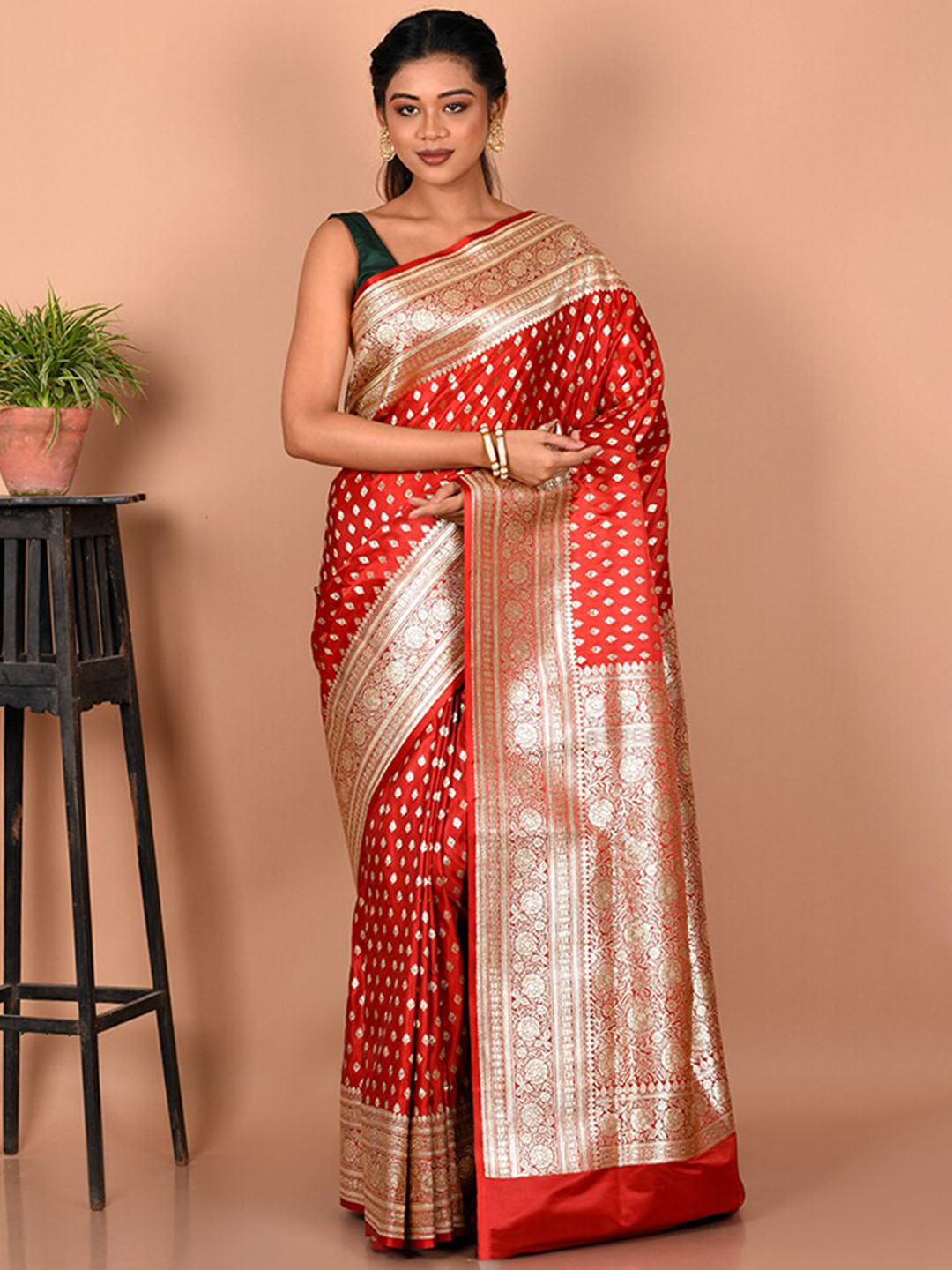 

AllSilks Ethnic Motifs Zari Silk Blend Ready to Wear Banarasi Saree, Red