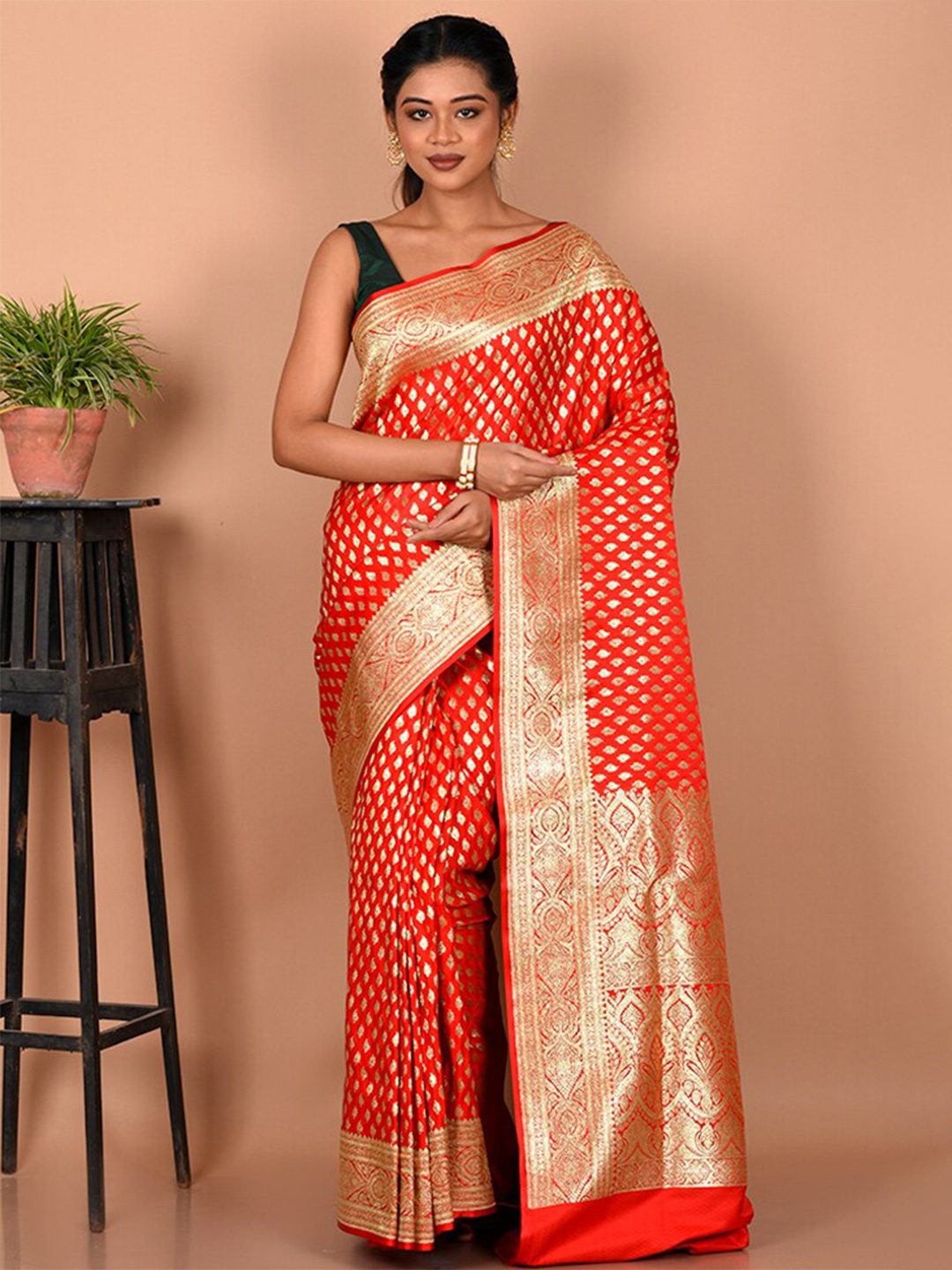 

AllSilks Ethnic Motifs Zari Silk Blend Banarasi Saree, Red