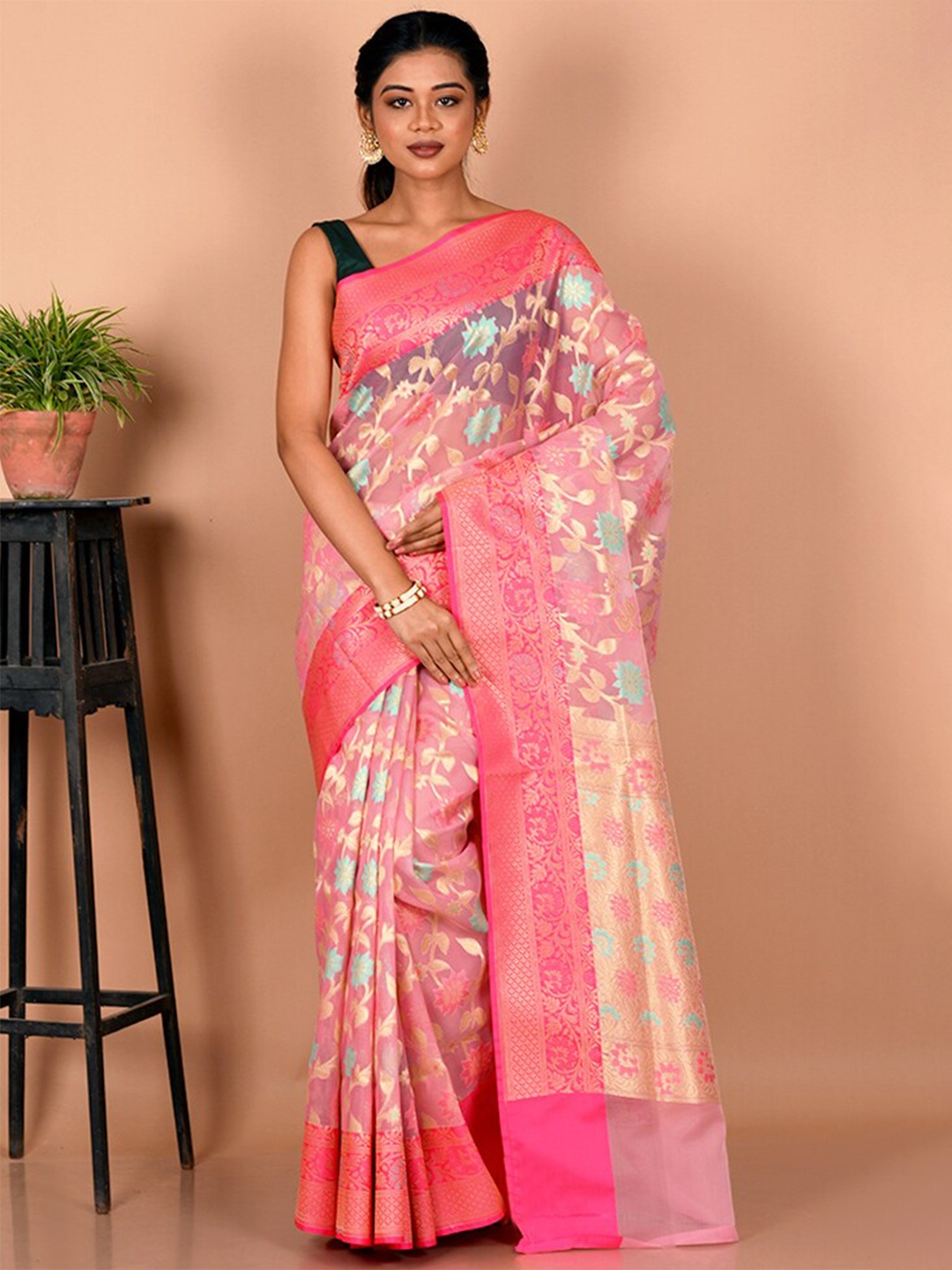 

AllSilks Floral Zari Pure Cotton Saree, Pink