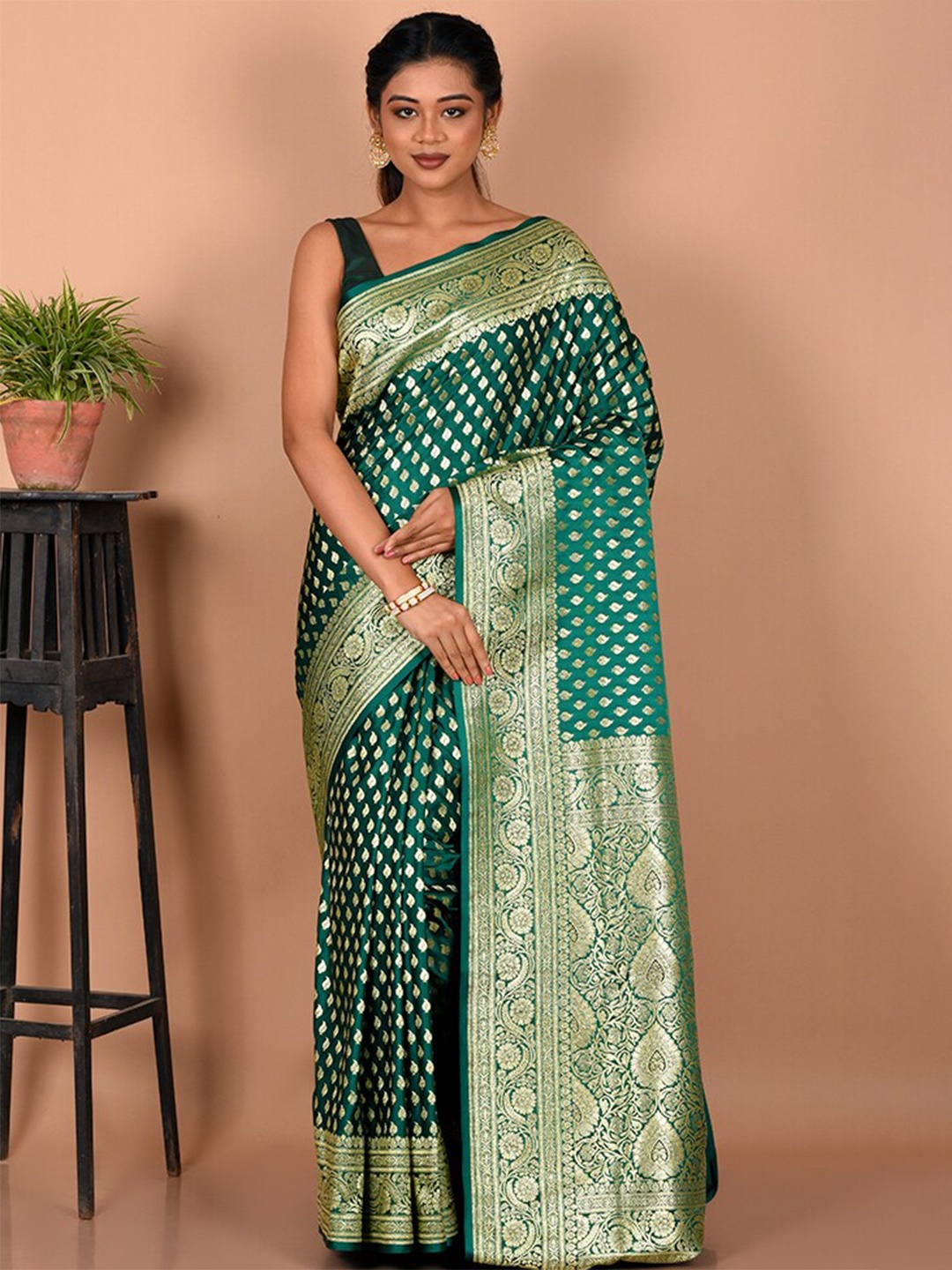 

AllSilks Ethnic Motifs Zari Silk Blend Banarasi Saree, Green