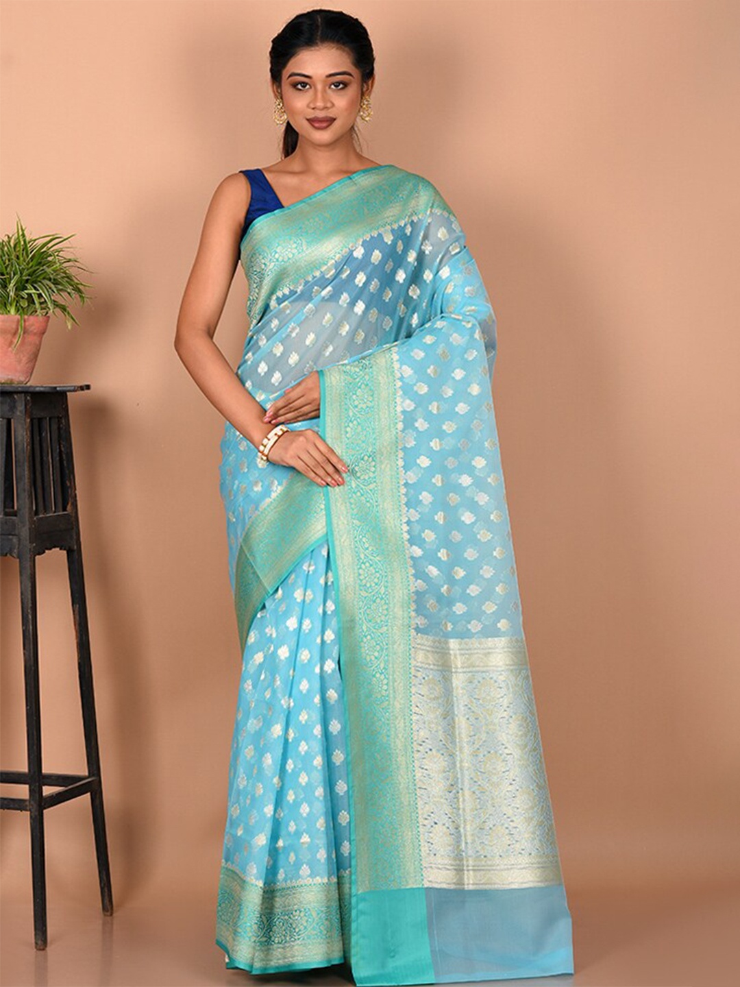 

AllSilks Ethnic Motifs Zari Pure Cotton Saree, Blue