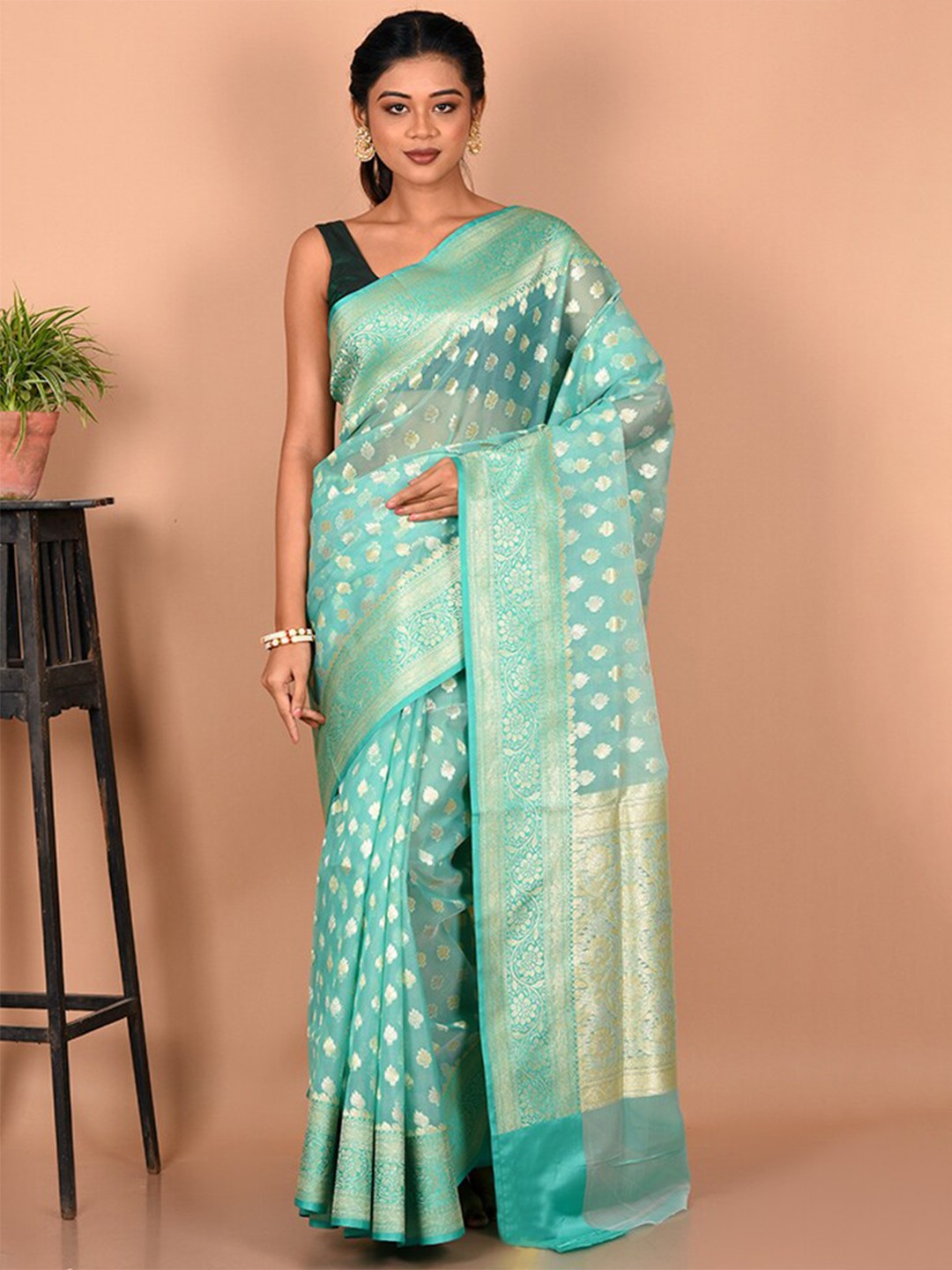 

AllSilks Ethnic Motifs Zari Pure Cotton Saree, Green
