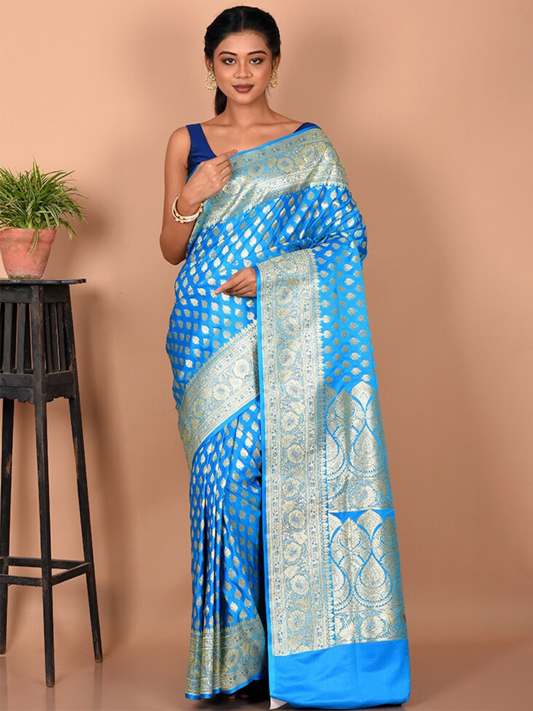 

AllSilks Ethnic Motifs Zari Silk Blend Banarasi Saree, Blue