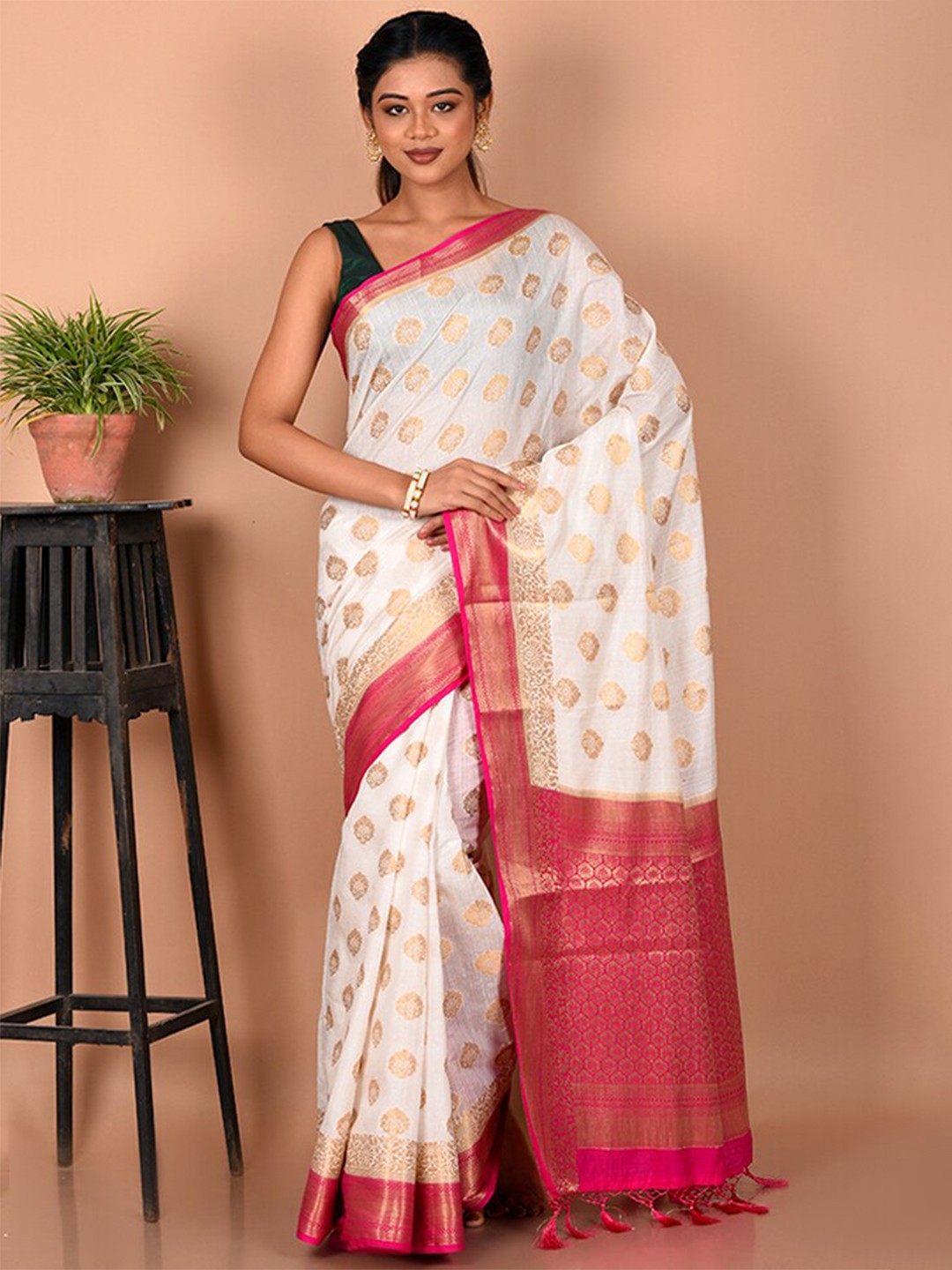

AllSilks Ethnic Motifs Zari Silk Blend Saree, White