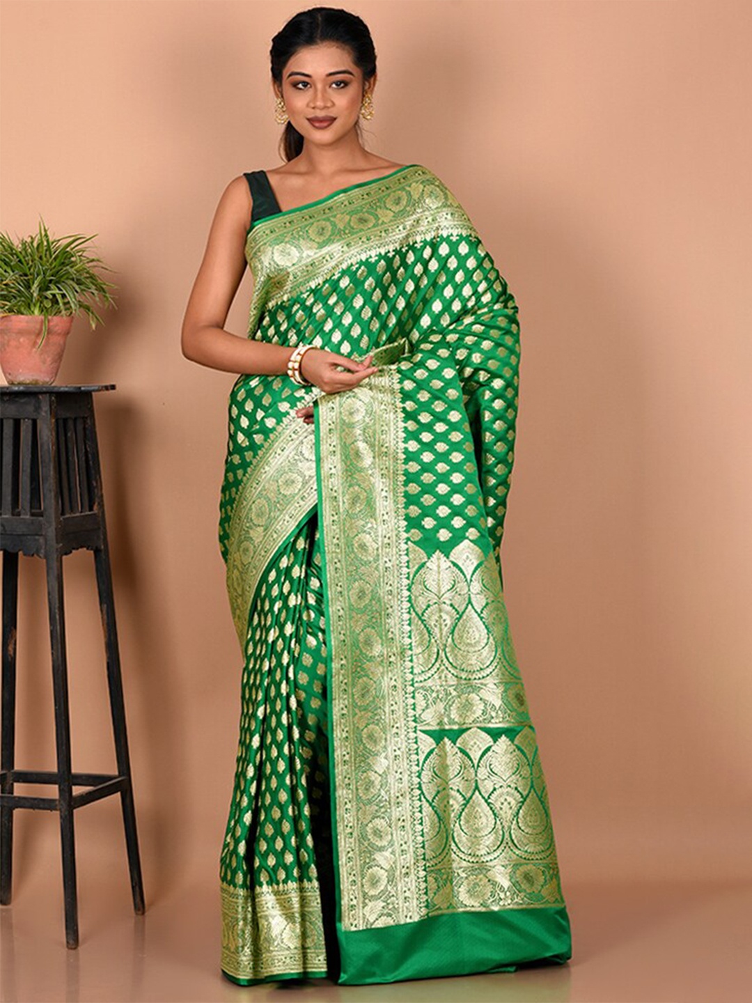 

AllSilks Ethnic Motifs Zari Silk Blend Banarasi Saree, Green