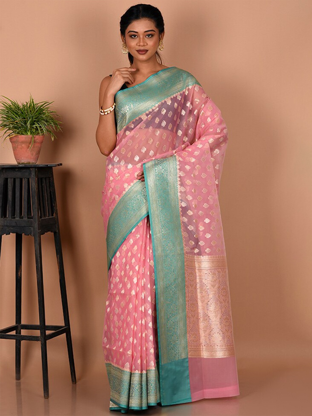 

AllSilks Ethnic Motifs Zari Pure Cotton Saree, Pink