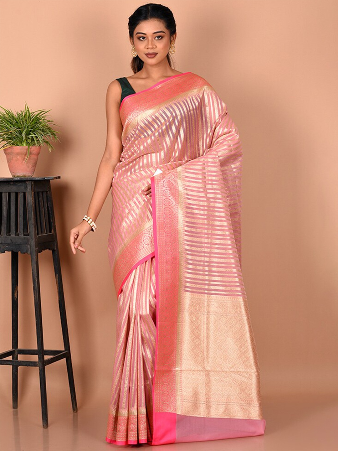 

AllSilks Striped Zari Silk Blend Saree, Pink