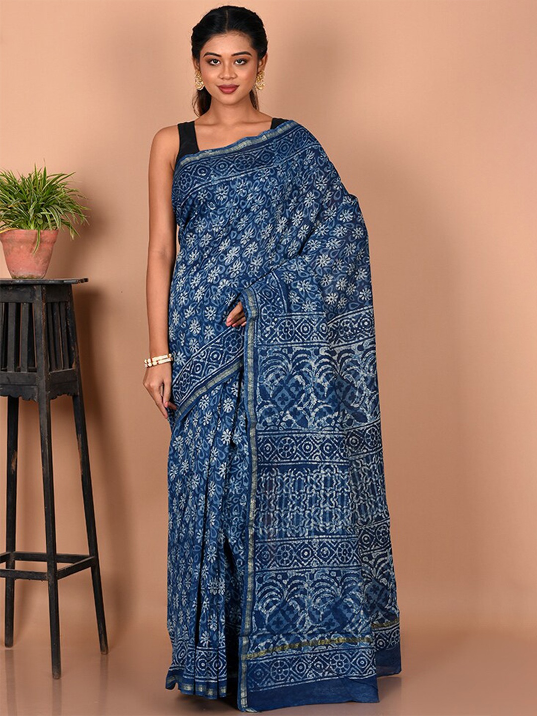 

AllSilks Floral Zari Pure Cotton Chanderi Saree, Blue