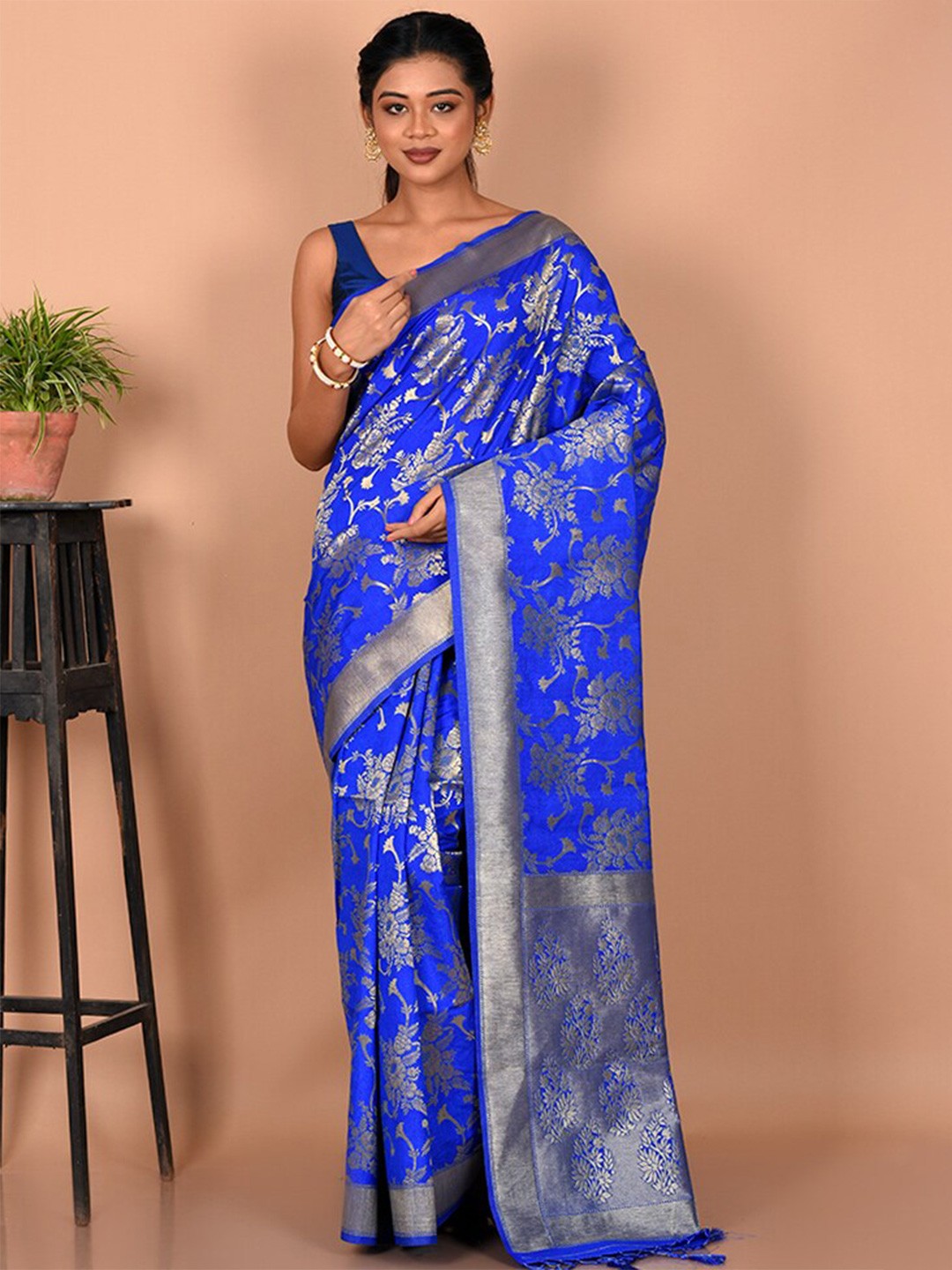 

AllSilks Floral Zari Silk Blend Saree, Blue