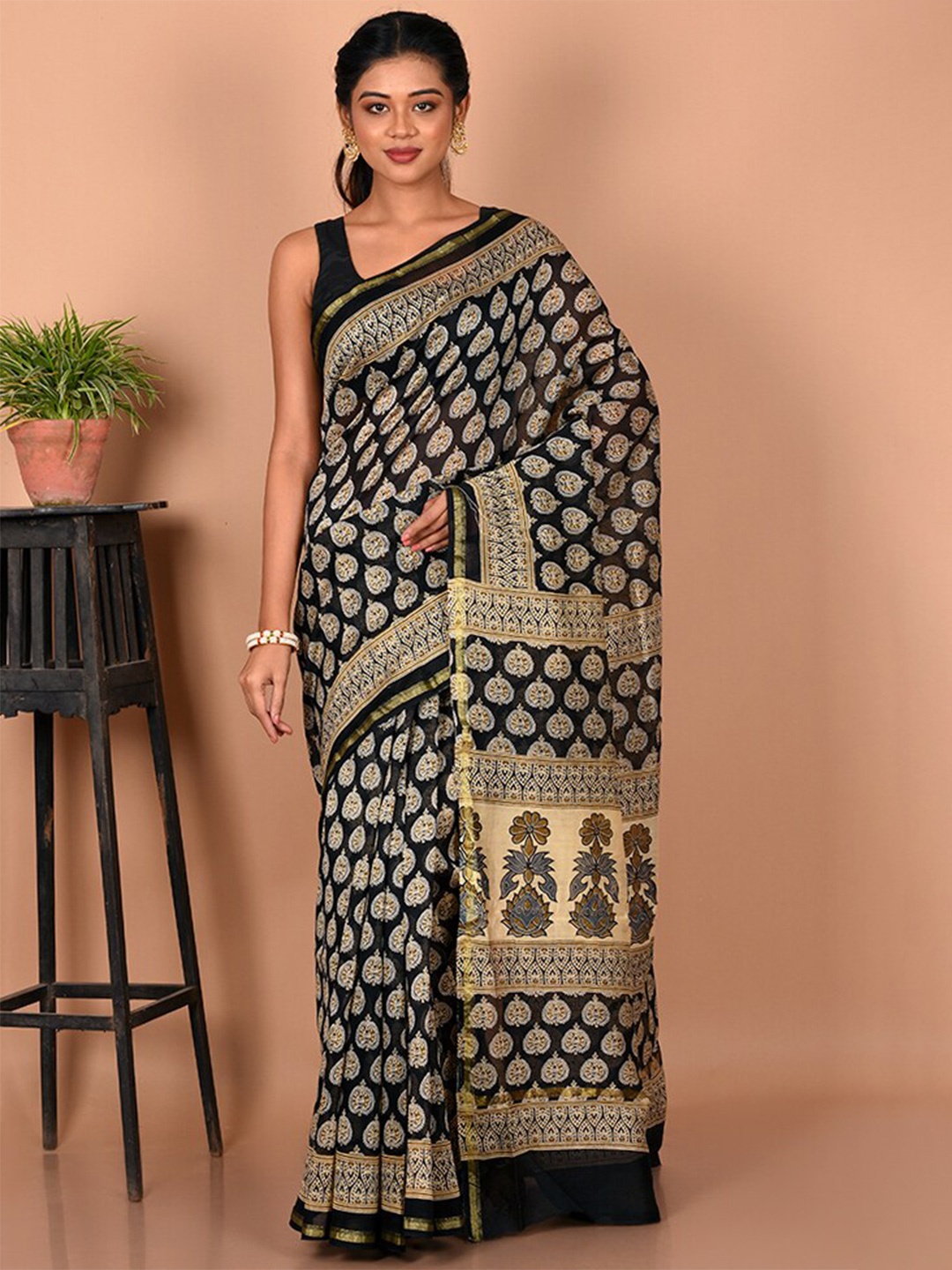 

AllSilks Ethnic Motifs Zari Pure Cotton Chanderi Saree, Black