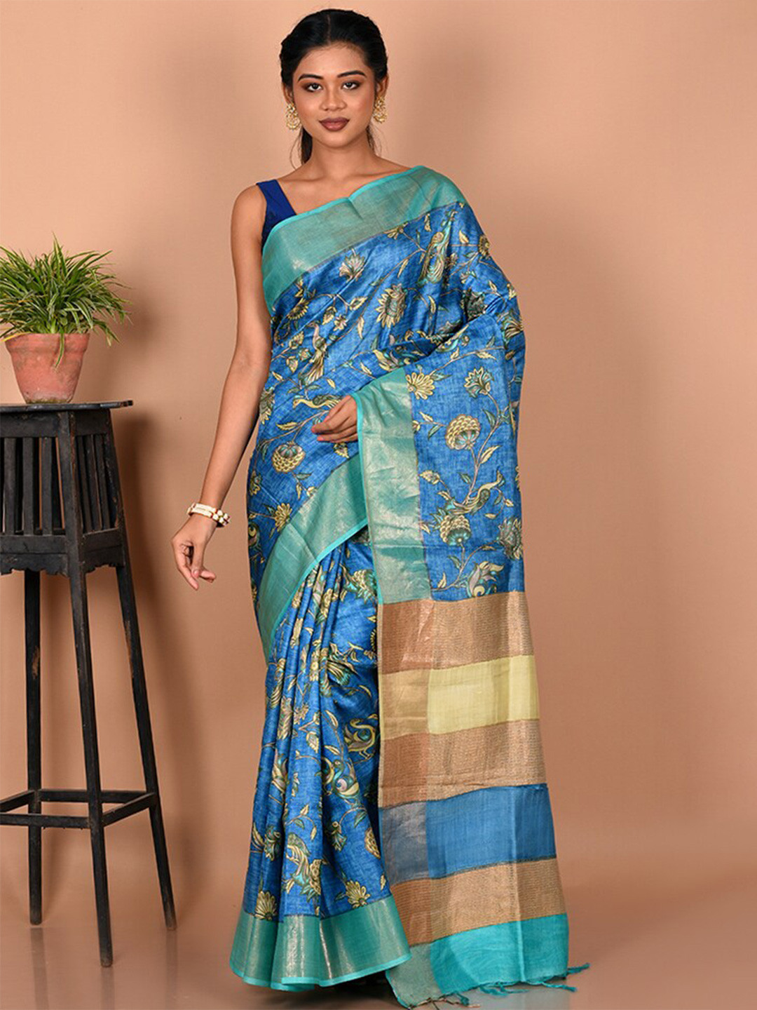 

AllSilks Floral Zari Silk Blend Tussar Saree, Blue