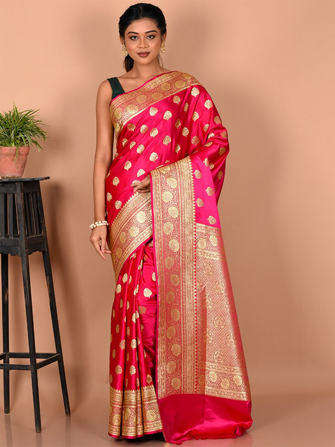 

AllSilks Ethnic Motifs Zari Silk Blend Banarasi Saree, Pink