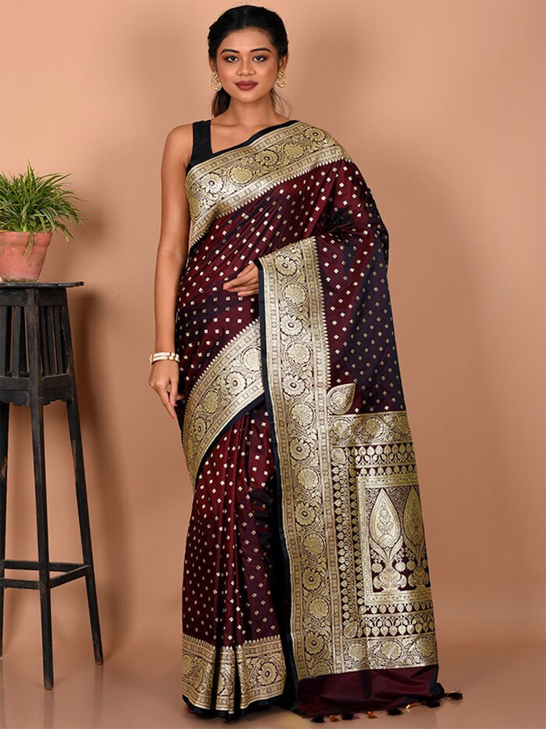 

AllSilks Ethnic Motifs Zari Silk Blend Banarasi Saree, Brown