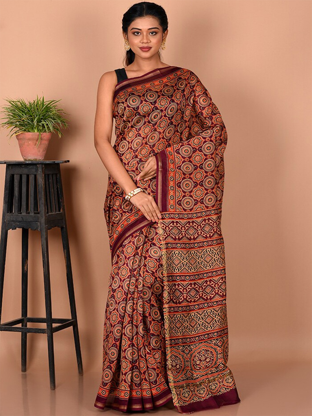 

AllSilks Floral Zari Pure Cotton Chanderi Saree, Maroon