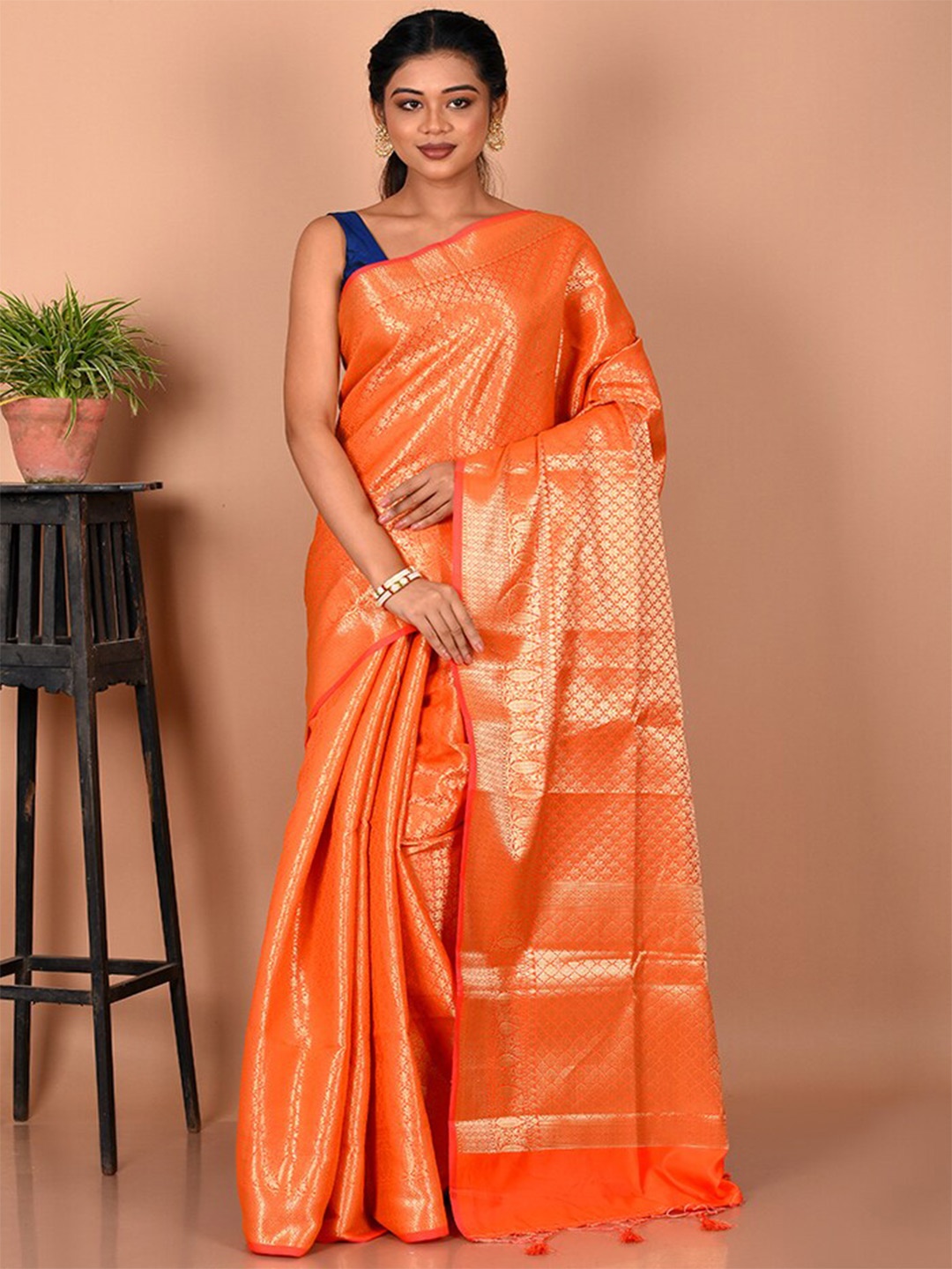 

AllSilks Woven Design Zari Silk Blend Saree, Orange