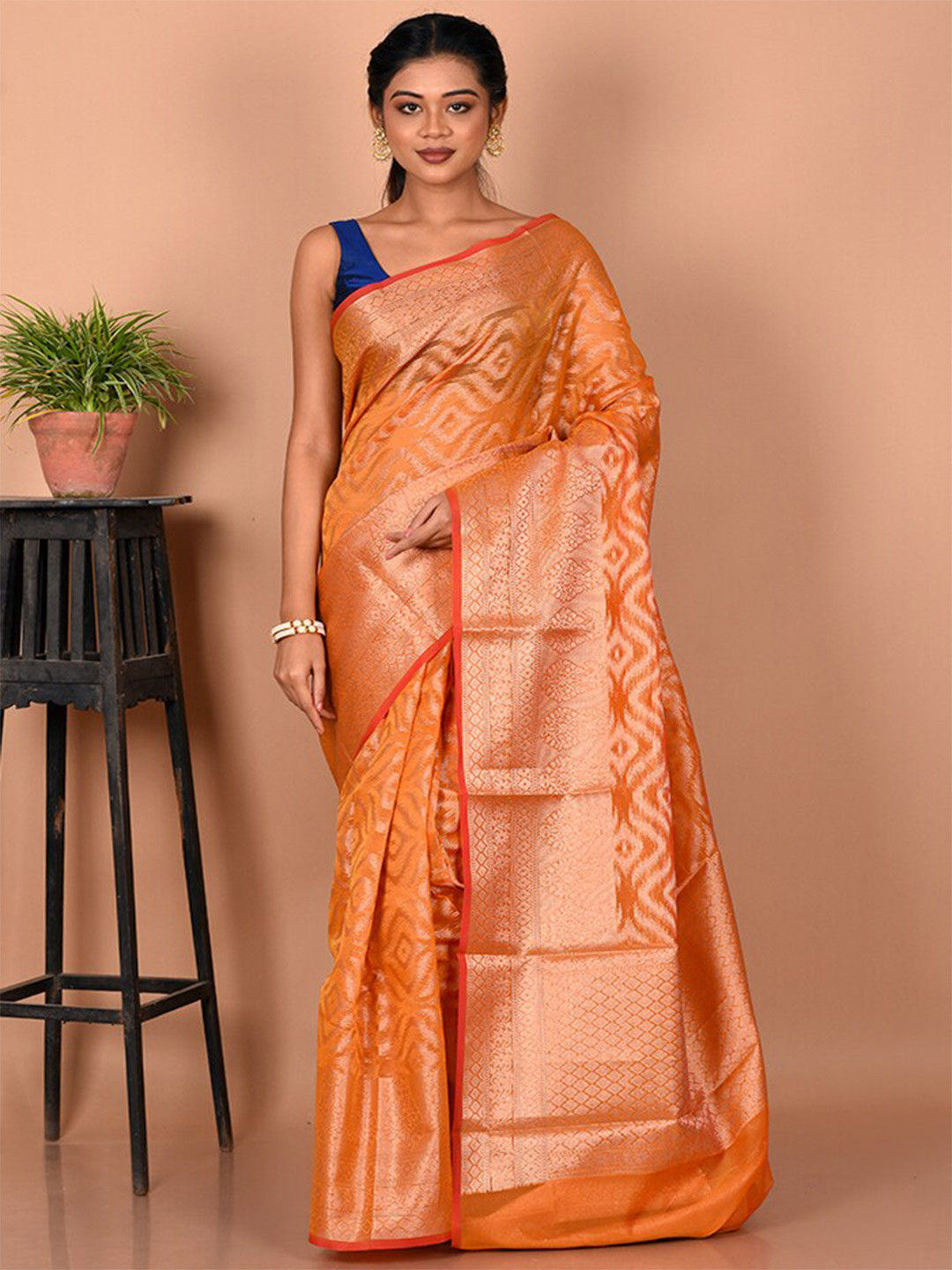 

AllSilks Woven Design Silk Blend Saree, Rust