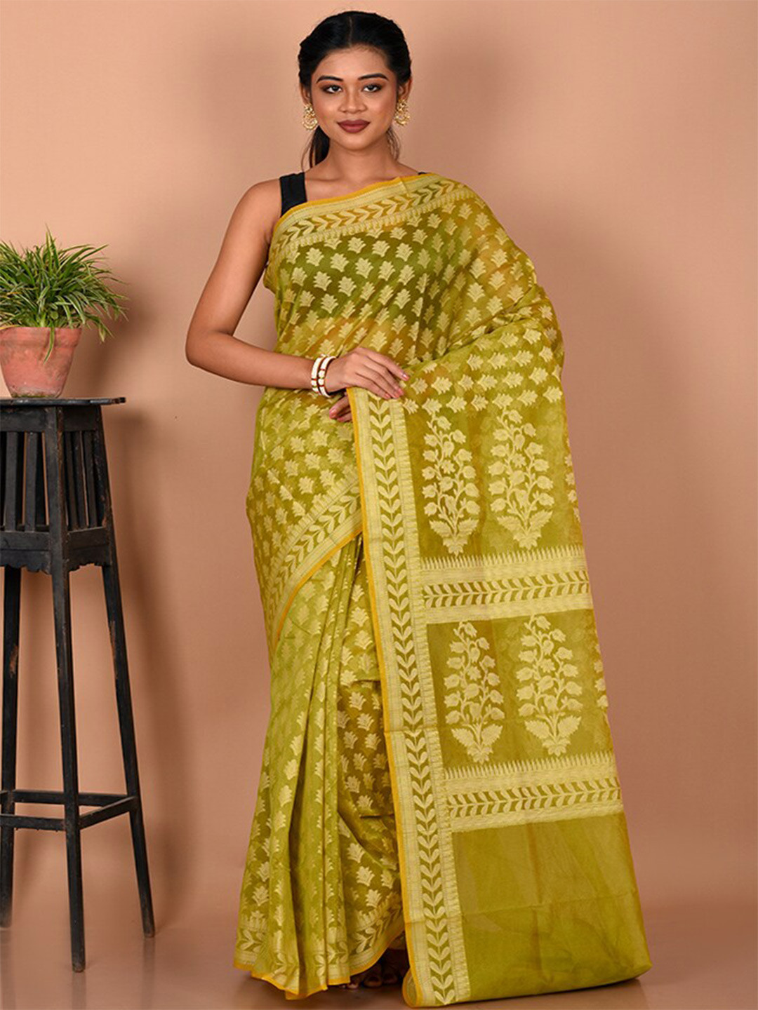 

AllSilks Green Woven Design Silk Blend Saree