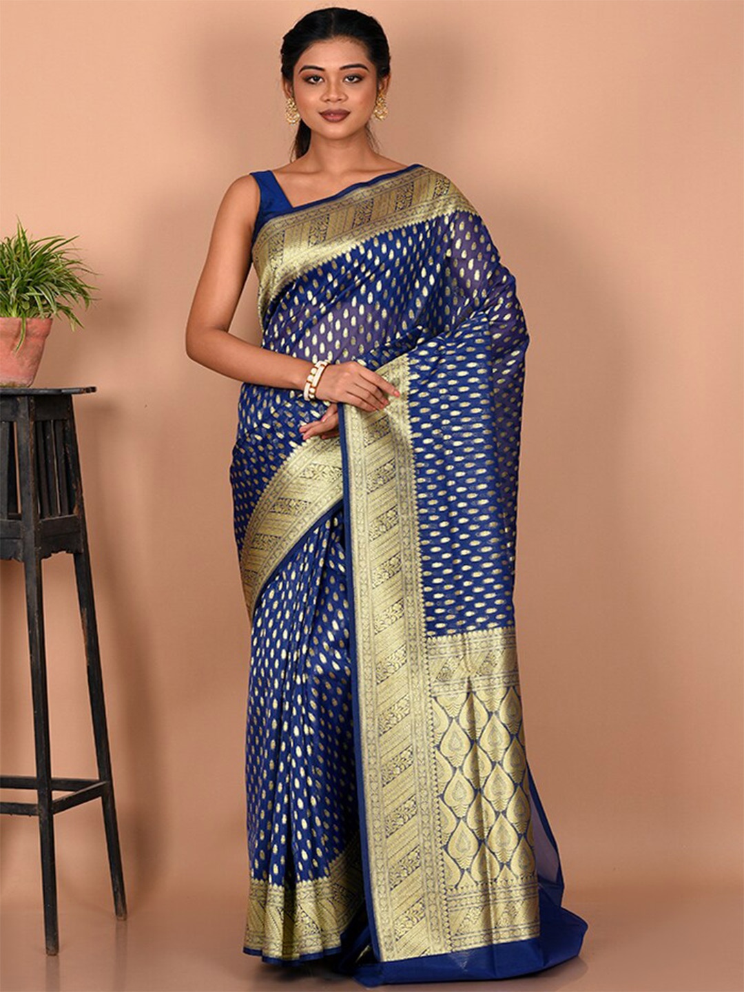 

AllSilks Woven Design Zari Silk Blend Saree, Blue