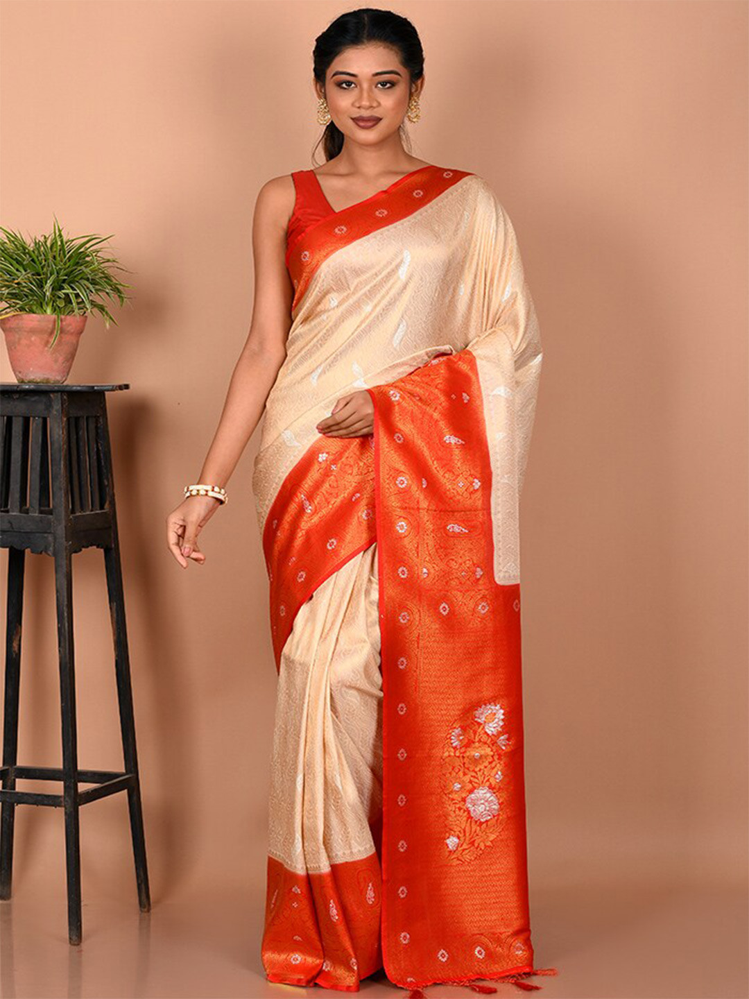

AllSilks Woven Design Zari Silk Blend Saree, Cream