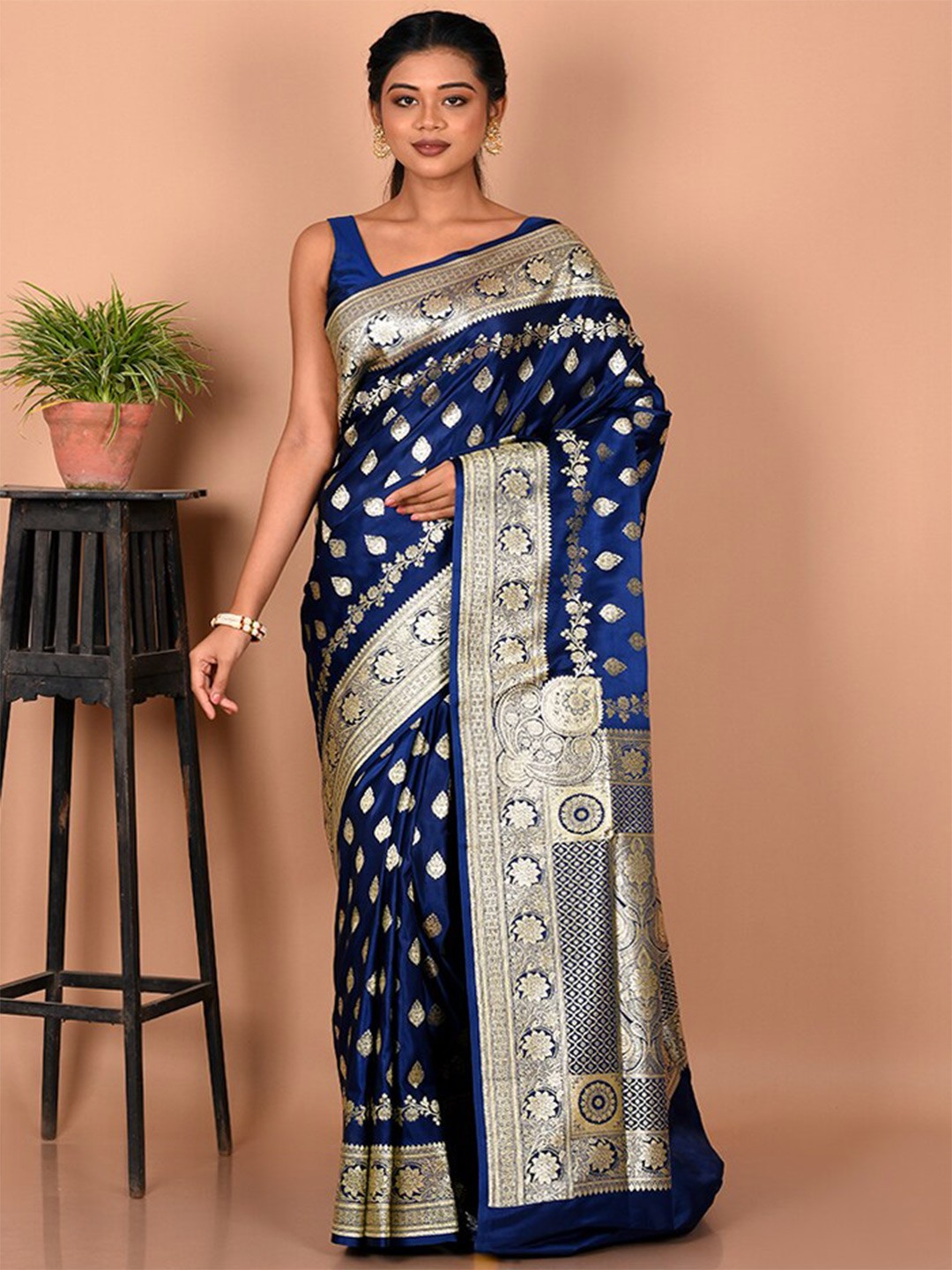 

AllSilks Woven Design Zari Silk Blend Banarasi Saree, Blue