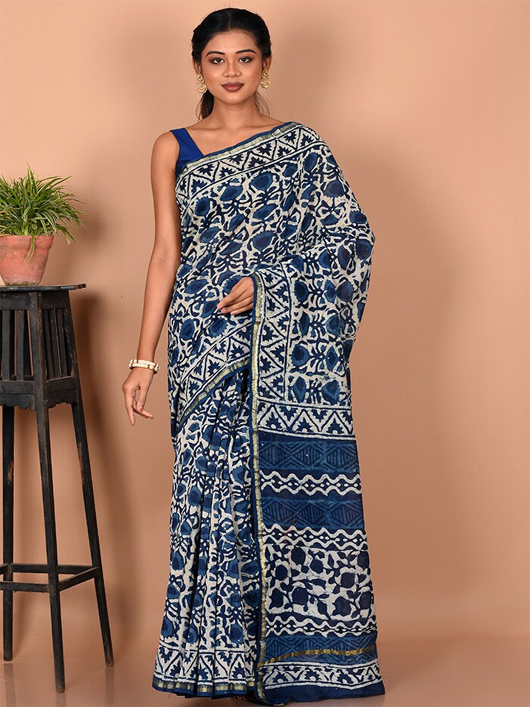 

AllSilks Zari Pure Cotton Chanderi Saree, Blue
