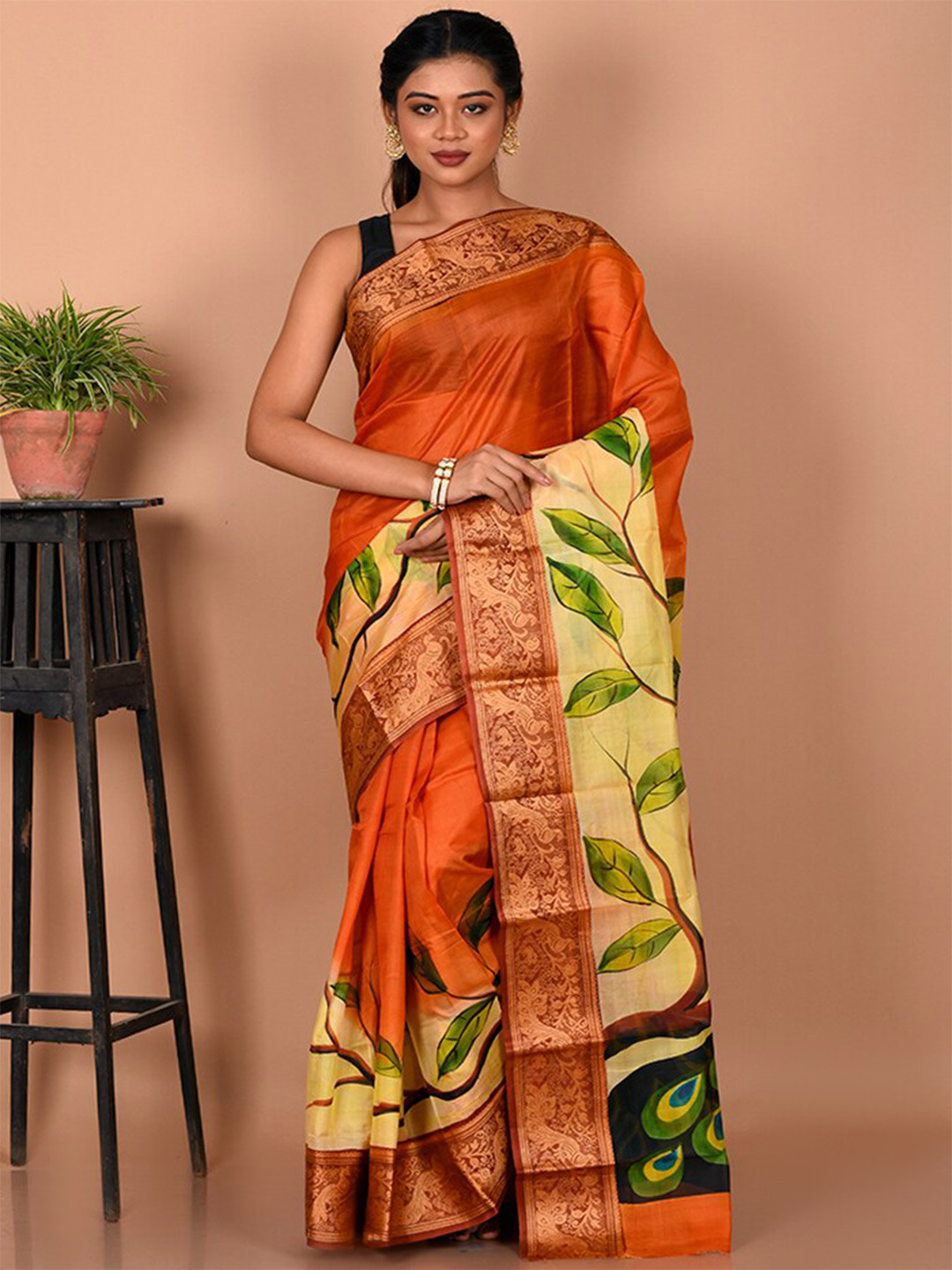 

AllSilks Woven Design Zari Pure Silk Murshidabad Silk Saree, Rust