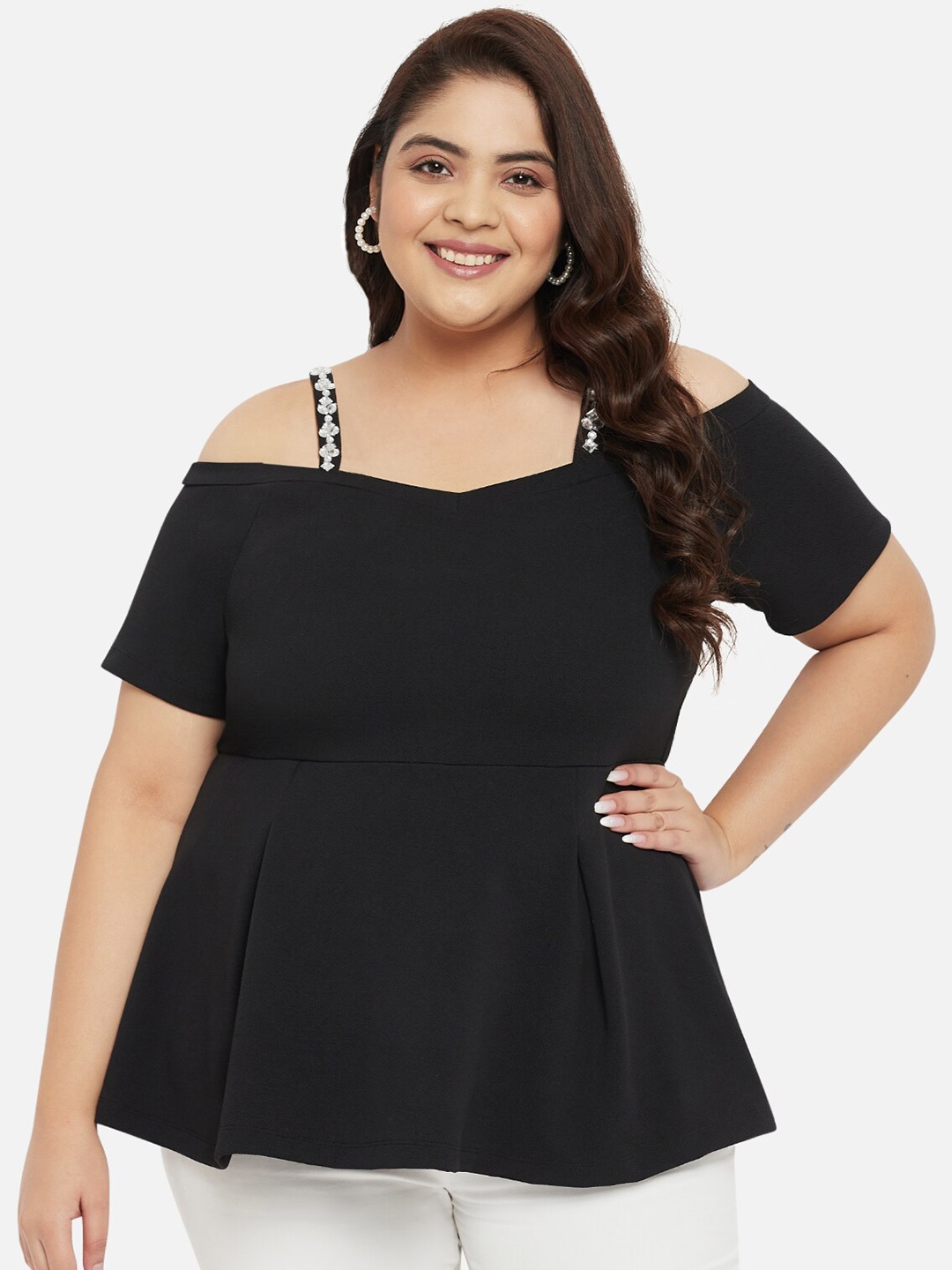 

wild U Plus Size Shoulder Strap Peplum Top, Black