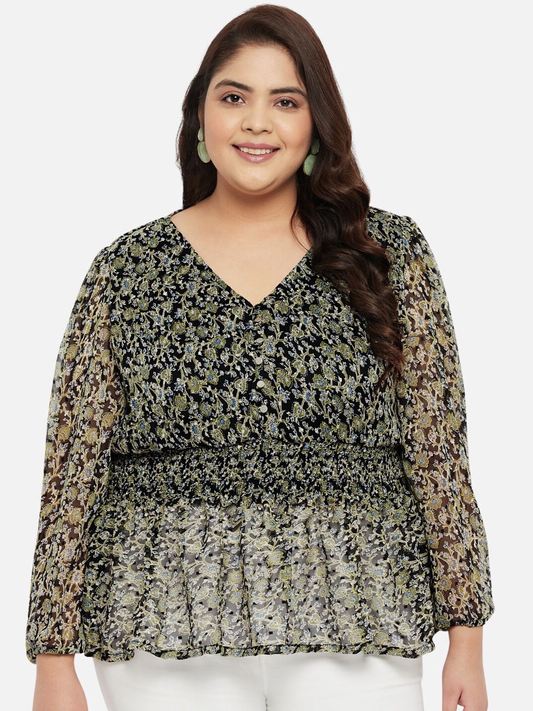 wild U Plus Size Floral Print Smocked Empire Top, Black