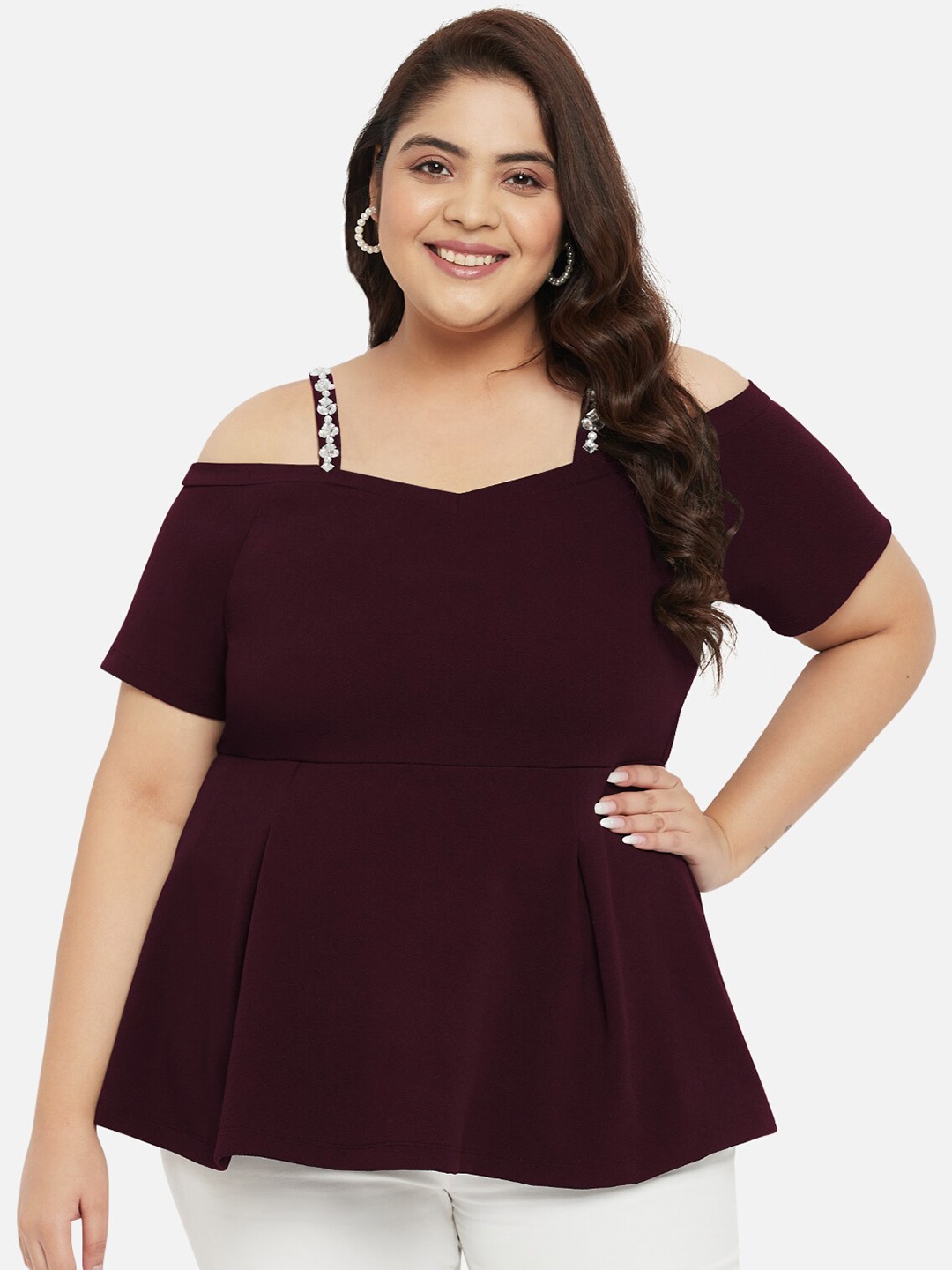 

wild U Plus Size Shoulder Strap Peplum Top, Burgundy