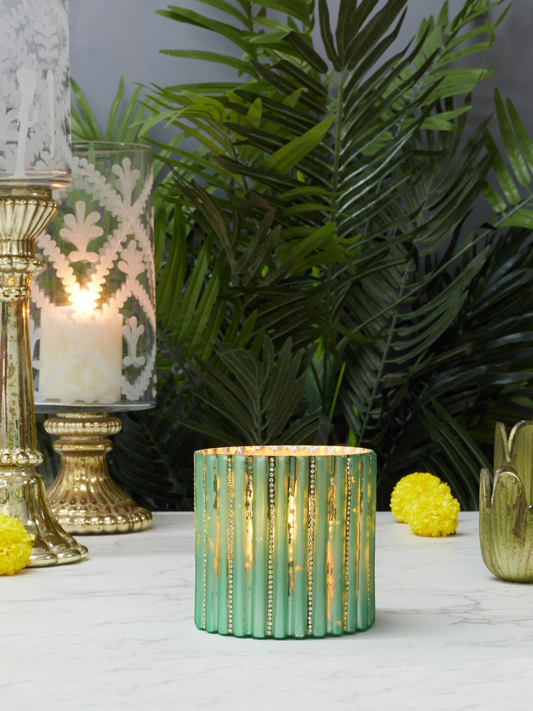 

HomeTown Phiona Textured Glass Candle Holders, Blue