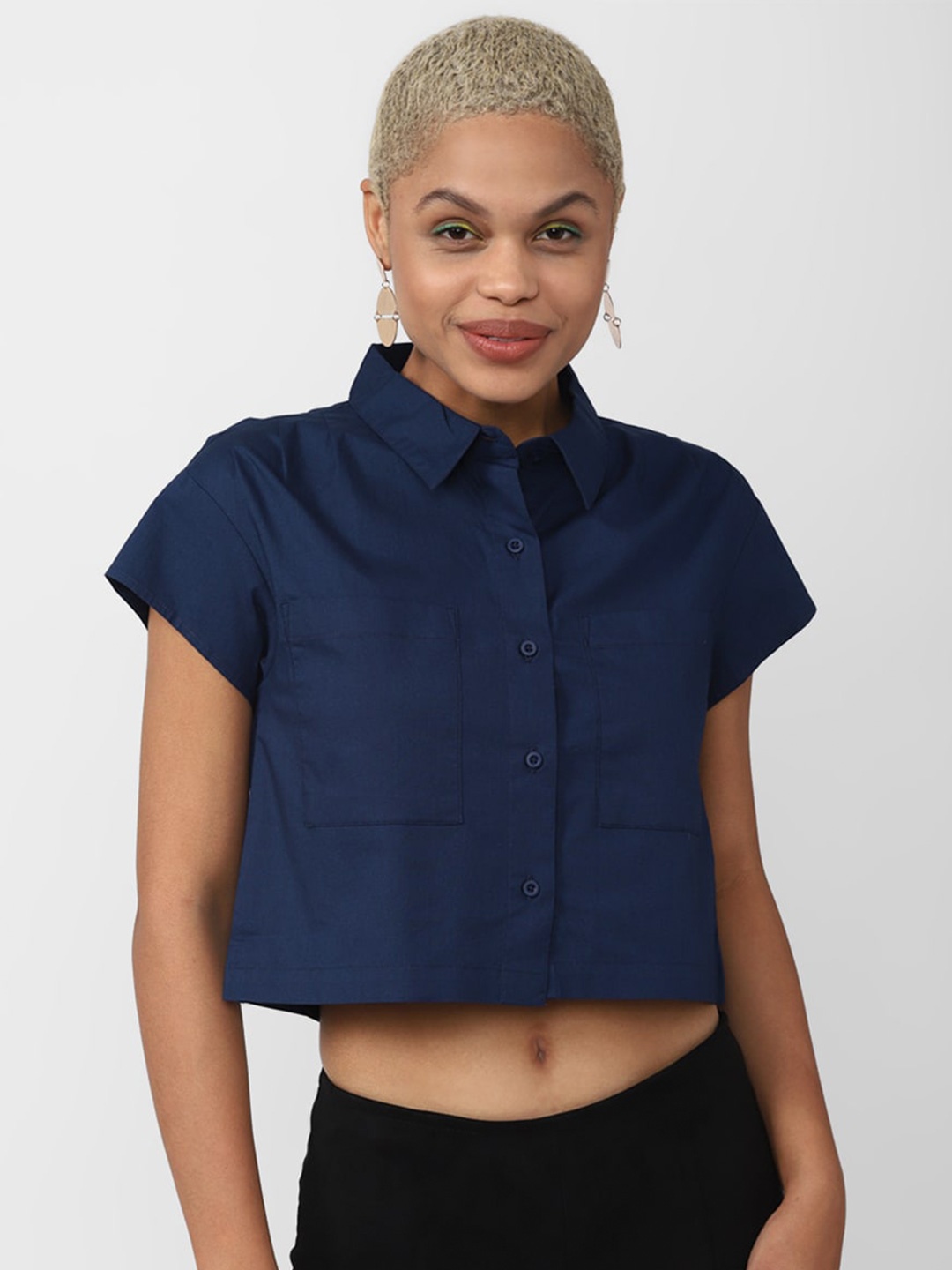 

FOREVER 21 Shirt Style Crop Top, Navy blue