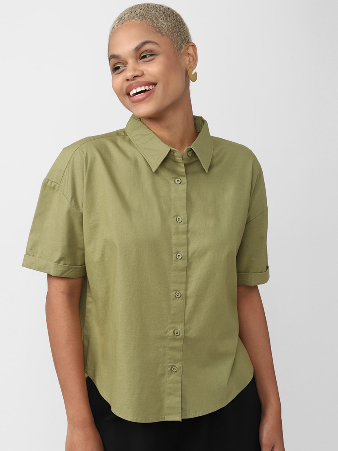 

FOREVER 21 Roll-Up Sleeves Shirt Style Top, Olive