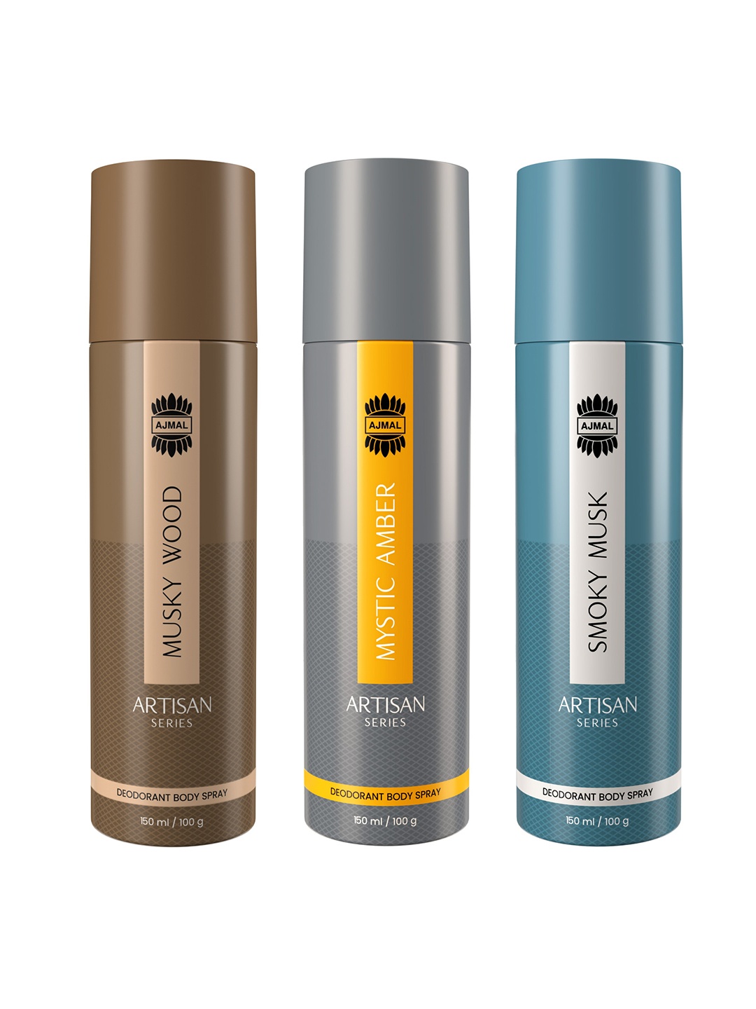 

Ajmal Set Of 3 Artisan Deodorant- Musky Wood + Mystic Amber + Smoky Musk - 150ml Each, Peach