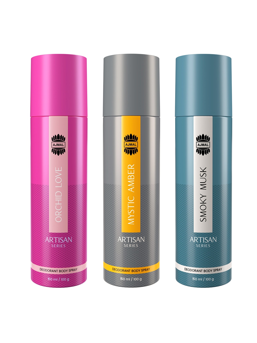 

Ajmal Set of 3 Artisan Deodorants - Mystic Amber + Smoky Musk + Orchid Love - 150ml each, Blue