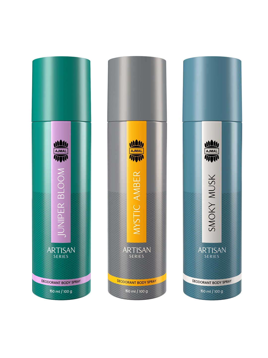 

Ajmal Set Of 3 Artisan Deodorant- Juniper Bloom + Mystic Amber + Smoky Musk - 150ml Each, Blue