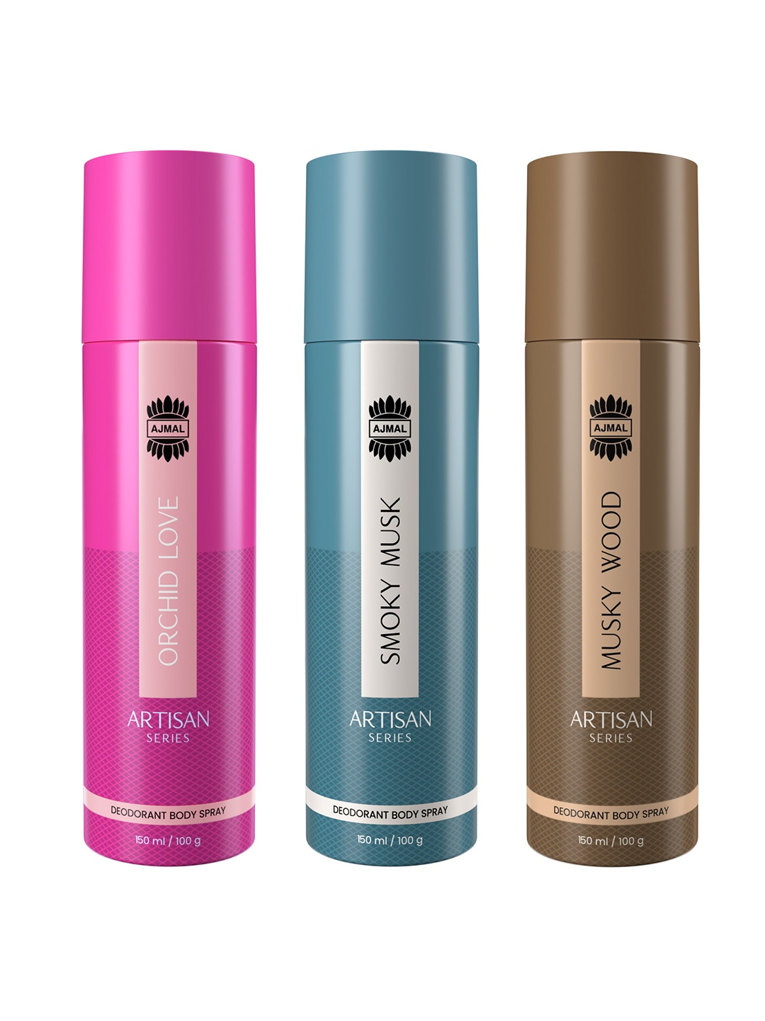 

Ajmal Set Of 3 Artisan Deodorant- Musky Wood + Orchid Love + Smoky Musk - 150ml Each, Blue