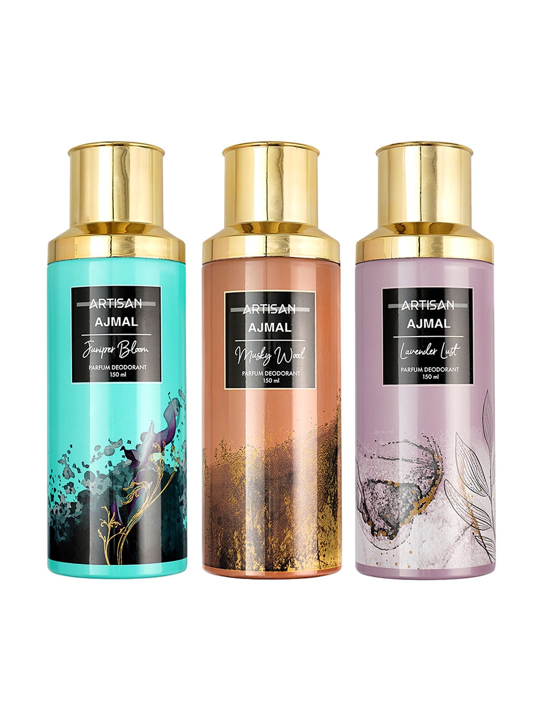 

Ajmal Set of 3 Perfume Deodorant 150 ml each - Juniper Bloom + Musky Wood + Lavender Lust, Blue