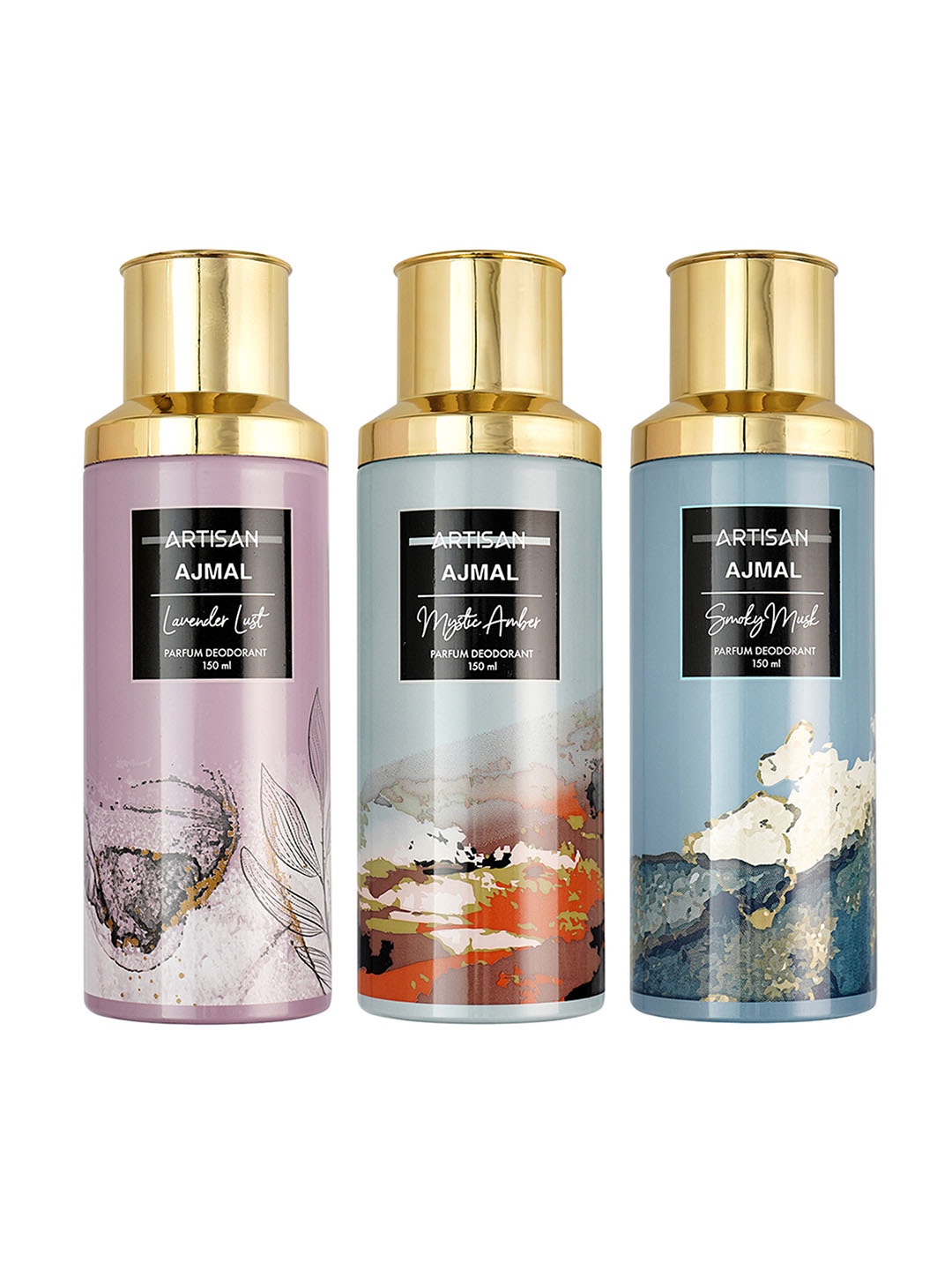 

Ajmal Set of 3 Perfume Deodorant 150 ml each - Smoky Musk + Mystic Amber + Lavender Lust, Multi
