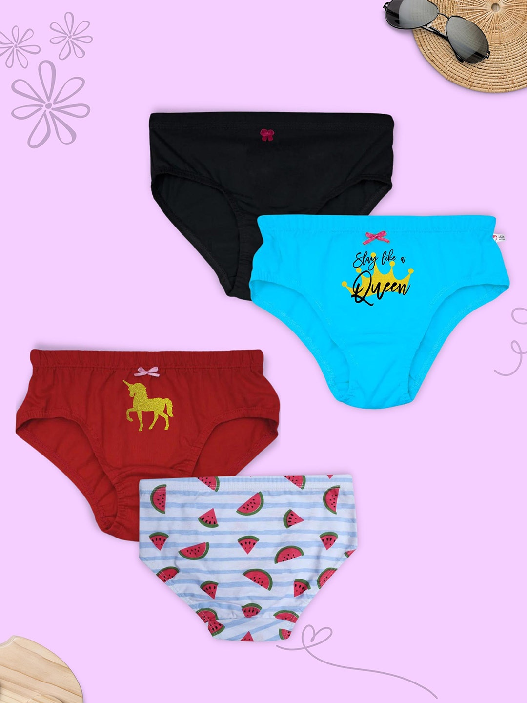 

DChica Women Pack Of 4 Printed Cotton Basic Briefs, Turquoise blue