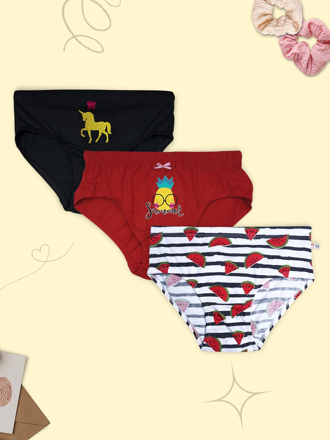 

DChica Women Pack Of 3 Printed Cotton Basic Briefs, Red
