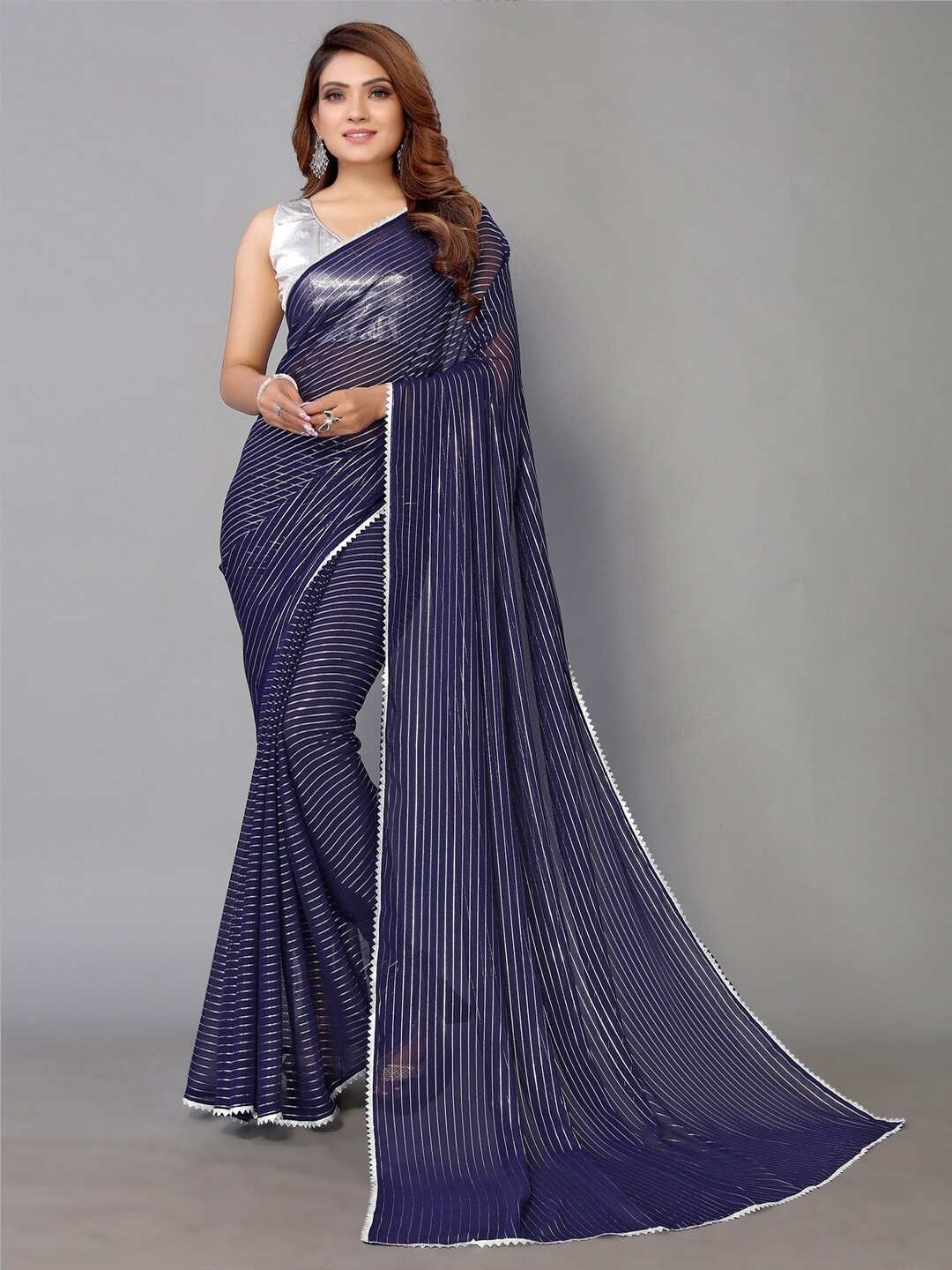 

SIRIL Checked Gotta Patti Saree, Navy blue